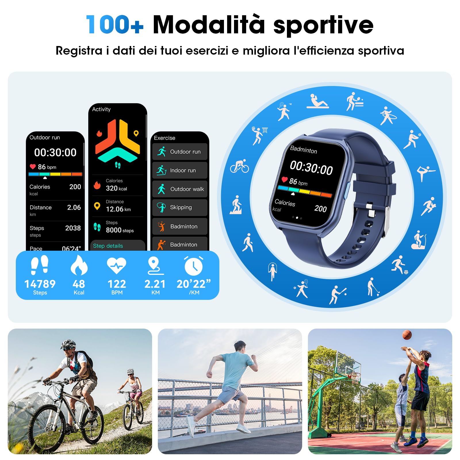Smartwatch Uomo Donna,1.85" Orologio Smartwatch con Chiamata Bluetooth e Risposta Vivavoce,100+ Sportive Smart Watch con Sonno,Cardiofrequenzimetro,Contapassi,Fitness Tracker per Android iOS (Blu)