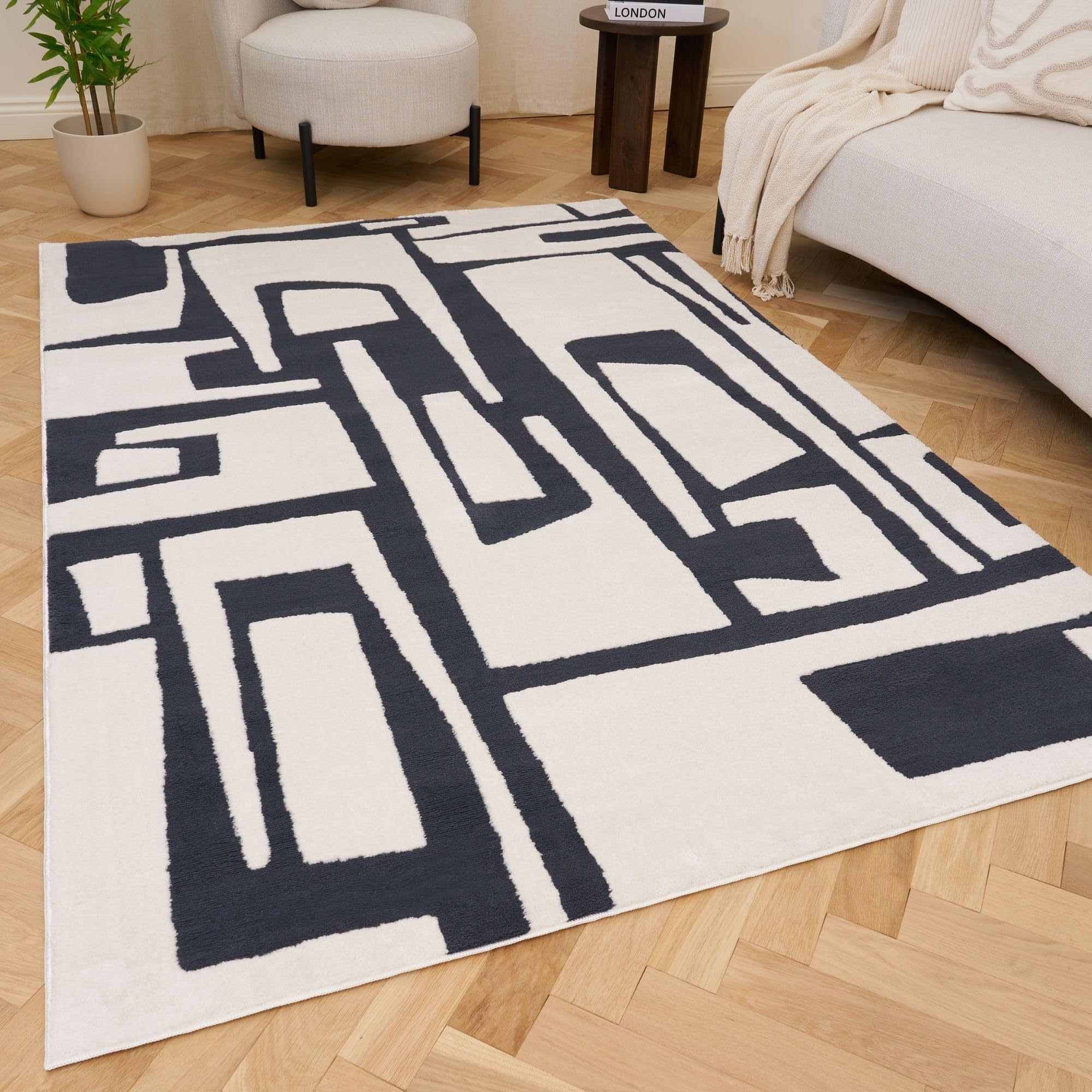 The Rugs Unisex Navy Loft Abstract Living Room Area Rug And Runners Soft Pile In 200Cm X 290Cm Kids