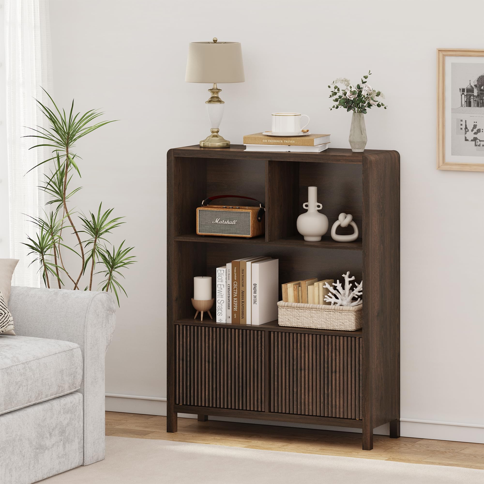 [en.casa] Highboard Lukkodso Kommode Sideboard 103 x 80 x 28 cm Mehrzweckschrank Wohnzimmerschrank mit 2 Türen und 5 Fächern Schrank für Wohnzimmer Walnussoptik