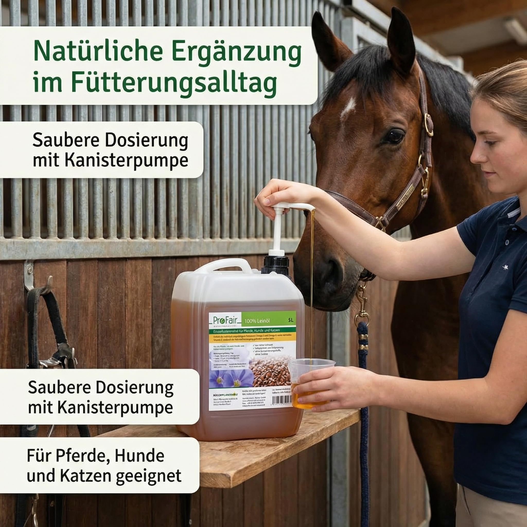 ProFair Leinöl für Pferde, Hunde & Katzen, kaltgepresst unter 40 °C, Erstpressung, 100% reine Leinsaat, Einzelfuttermittel, 5 L Vorratskanister inkl. Kanisterpumpe (ca. 30 ml/Hub)