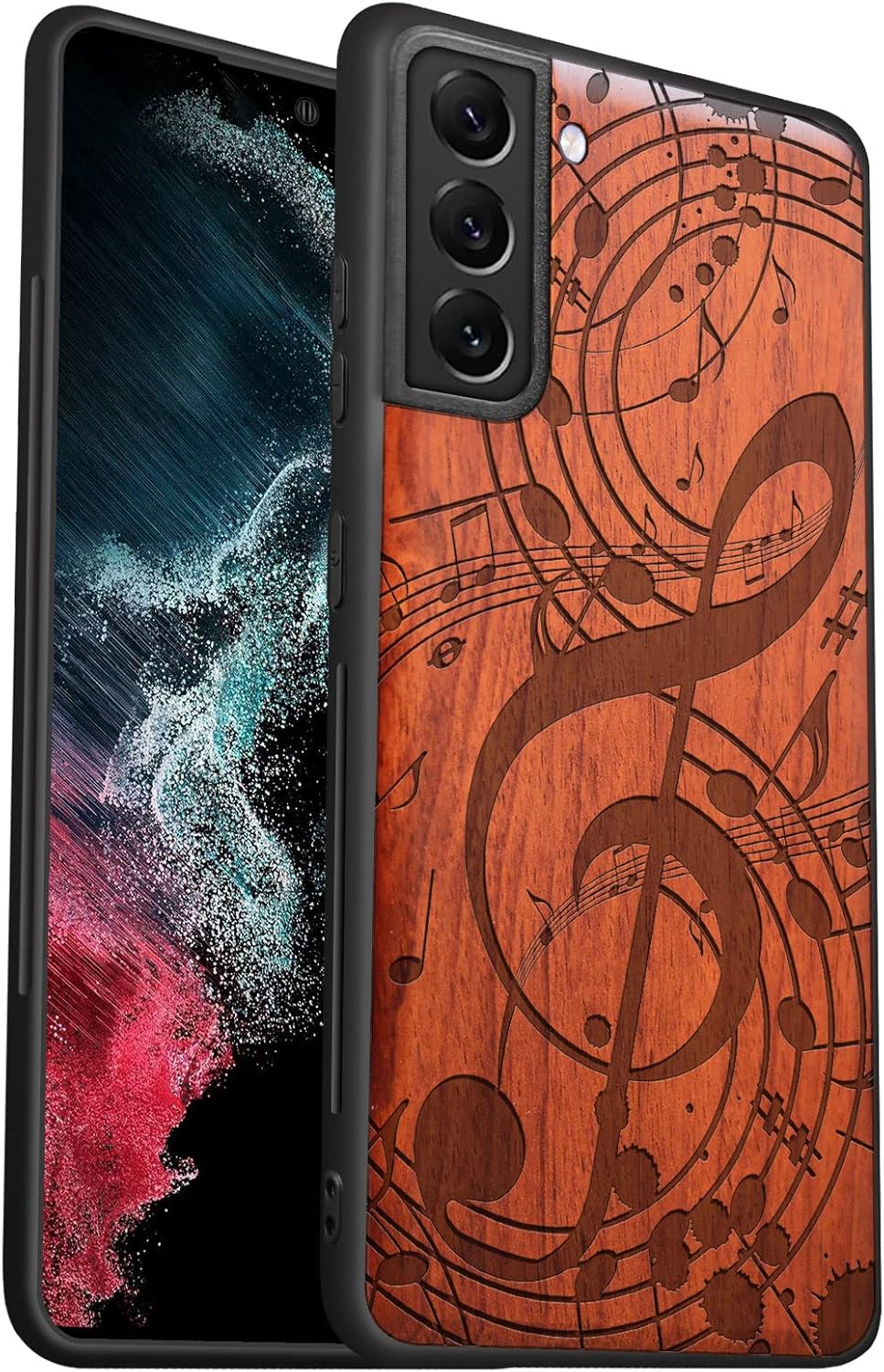 Carveit Wood Case for Galaxy S21 FE Case [Natural Wood & Black Soft TPU] Shockproof Hybrid Protective Unique Wooden Cover Compatible with Samsung S21 FE 5G (Musical Note-Rosy)