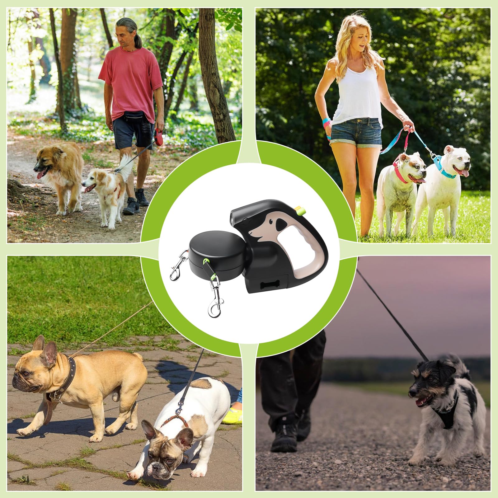 Laisses Doubles Rétractables Automatiques pour Chiens, 3M Laisses Doubles Rétractables avec Lumières LED, Double Laisse Rétractable pour 2 Chiens pour Petite Et Moyenne Taille(Brun)