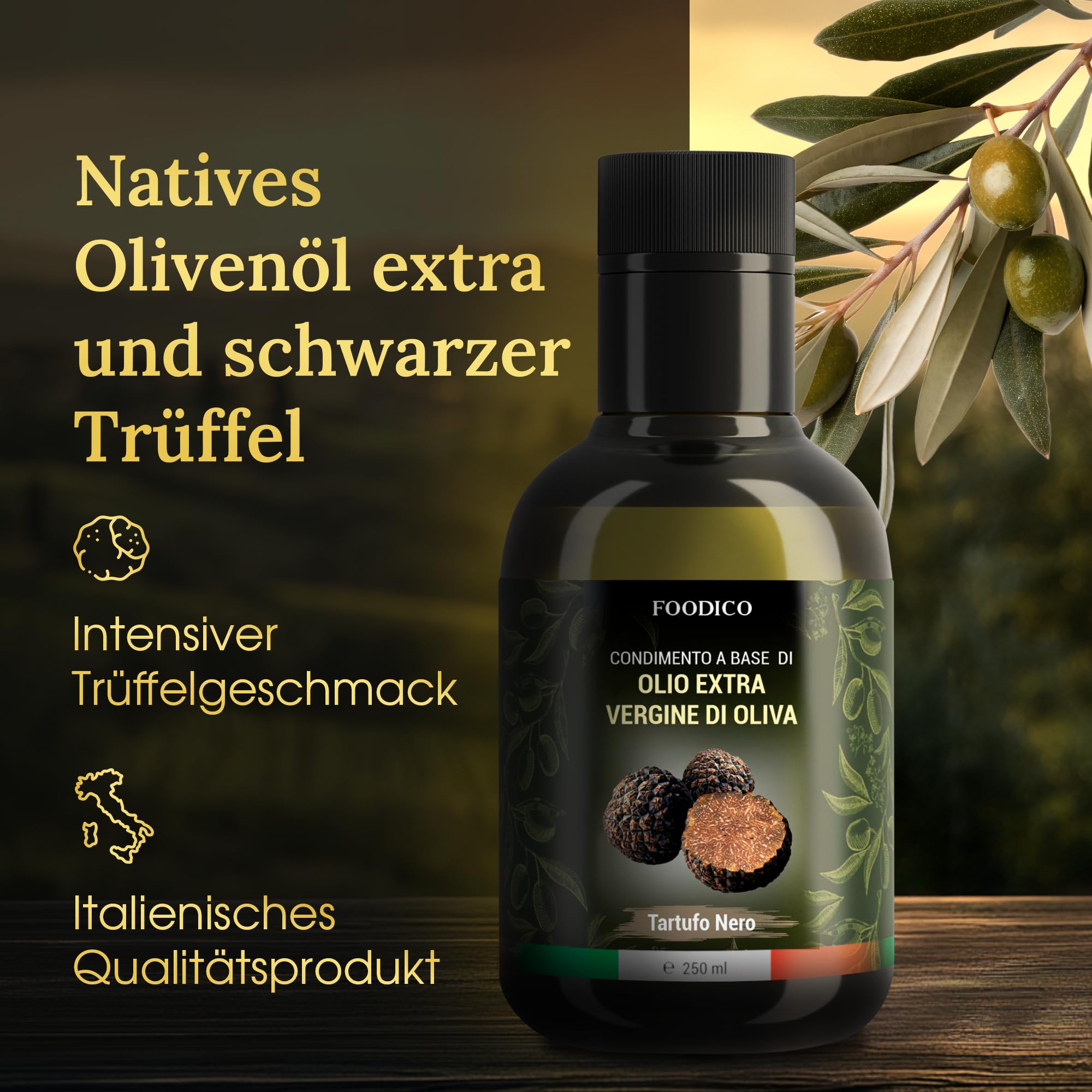 Foodico Trüffelöl mit schwarzem Trüffel | Italienisches Olivenöl Extra Vergine | intensiv | 250 ml