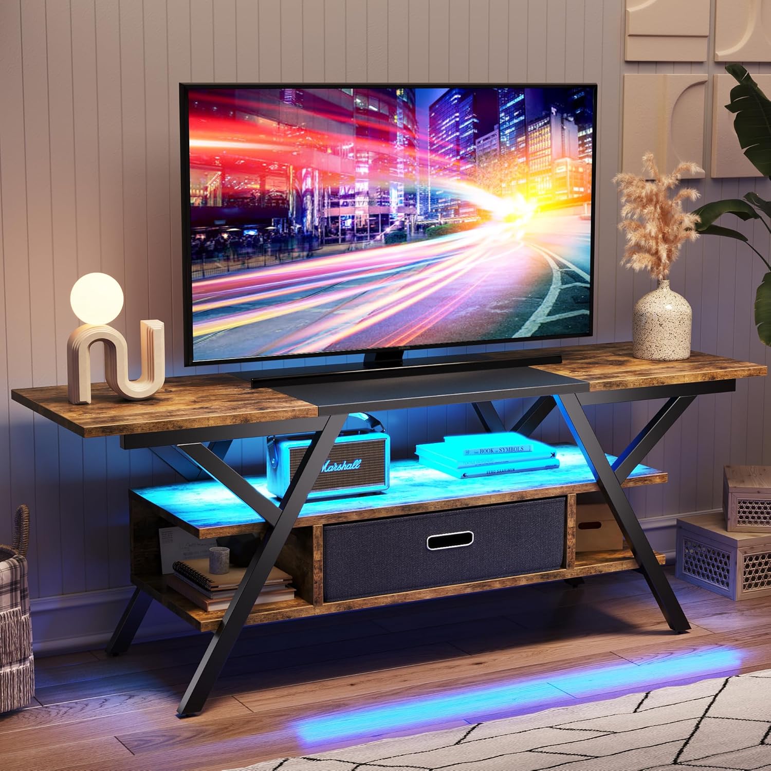 Bestier Bedroom TV Stand for 55 Inch TV Gaming Entertainment Center Industrial Rustic TV Stand with Led Lights 20 Modes TV Console with Fabric Drawer Bestier Bedroom TV Stand for 55 Inch TV Gaming Entertainment Center Industrial Rustic TV Stand with Led Lights 20 Modes TV Console with Fabric Drawer