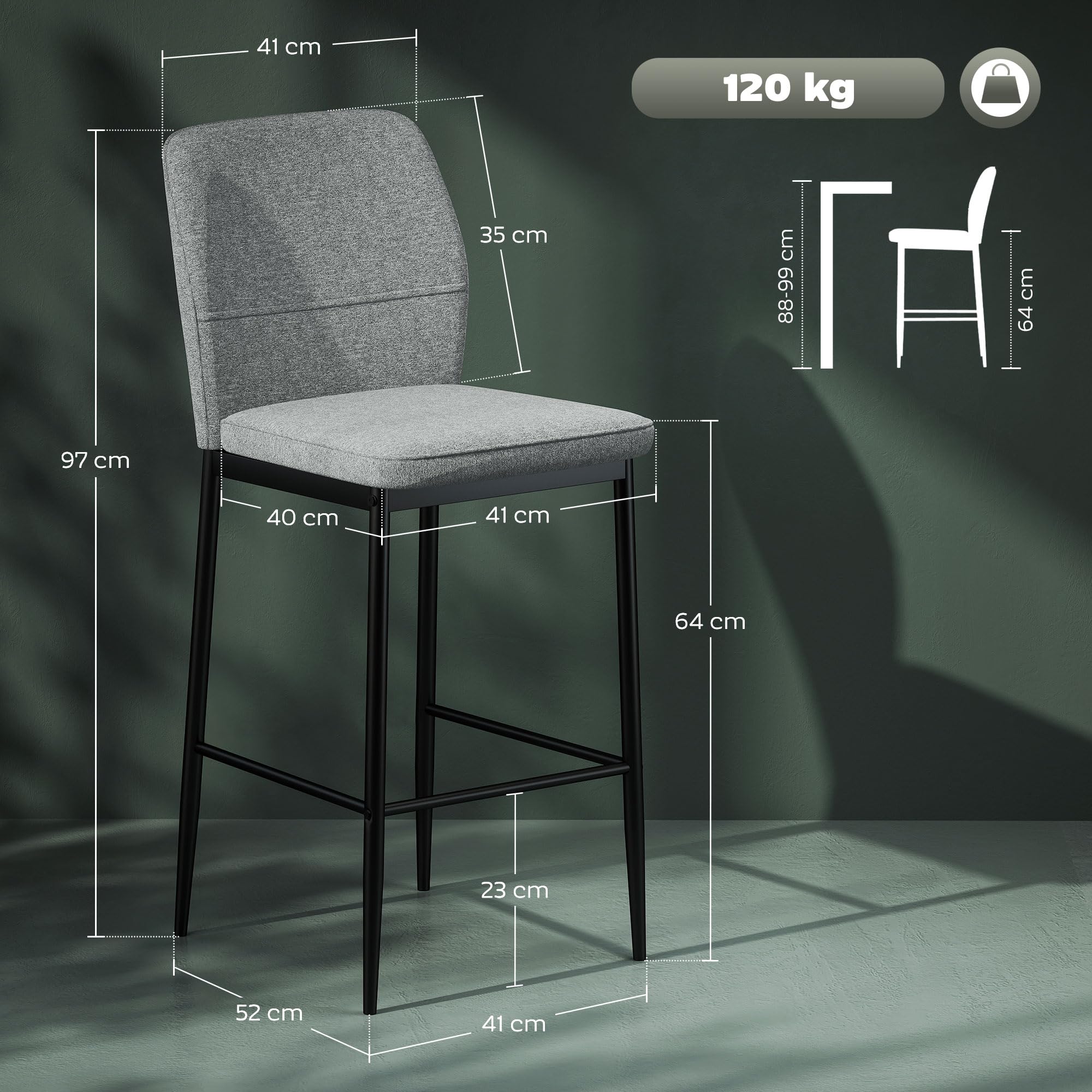 HOMCOM Juego de 2 Taburetes de Bar Altos con Respaldo y Reposapiés Gris | Taburetes Altos de Cocina, Tapizado en Terciopelo, Marco de Acero, Modernos, para Comedor Mostrador