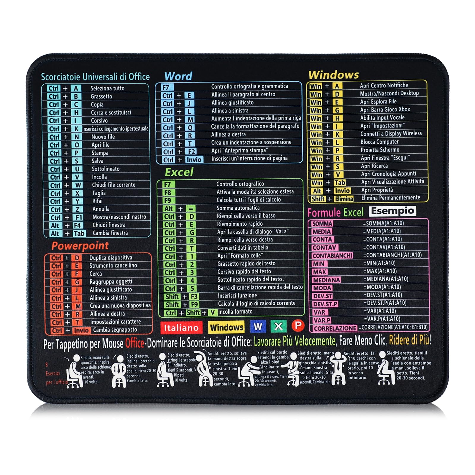 FEMONGY tappetino excel in italiano, 300 x 250 x 3 mm, tappetino mouse, mousepad, Design impermeabile più spesso, motivo combinazione tasti scelta rapida Excel/offce, Italiano