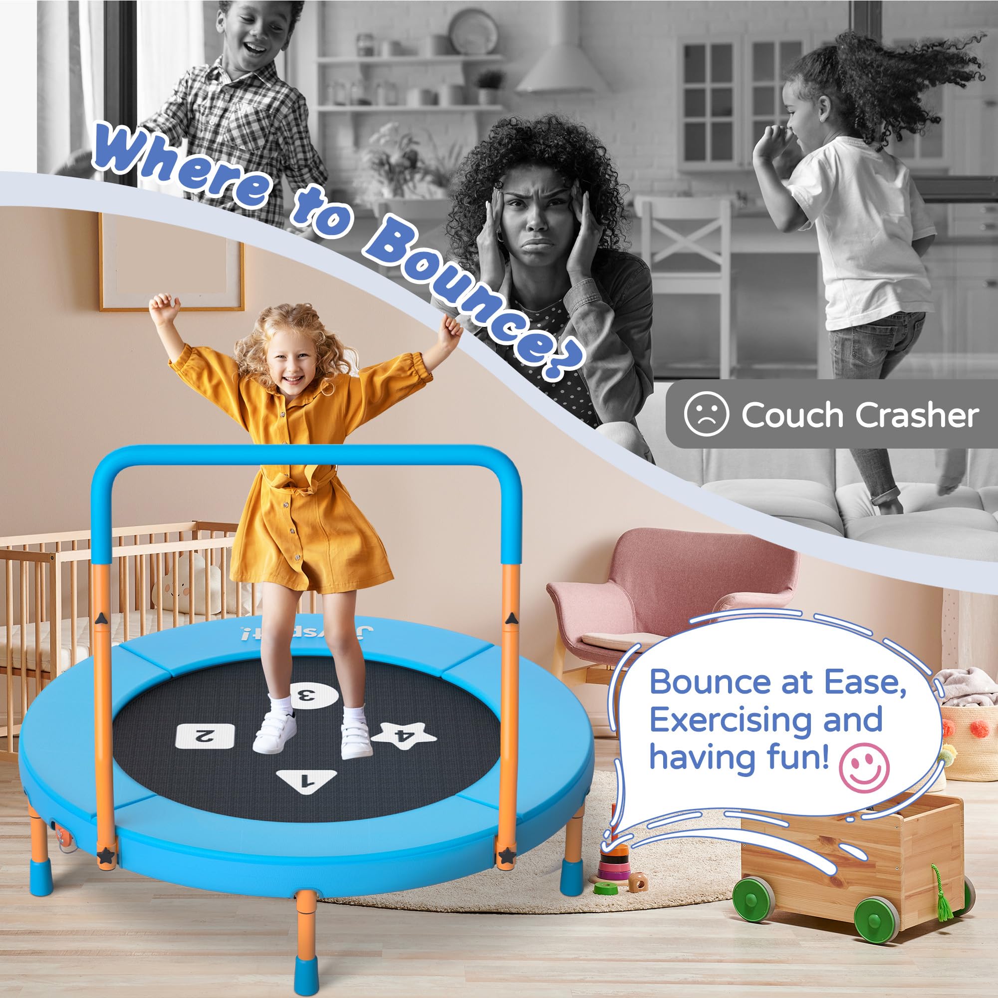 JOY SPOT! Ø91cm Trampolin Kinder Indoor, Mini Trampolin mit Verstellbarer Haltegriff, Faltbares Kindertrampolin bis 45 kg, Fitness Rebounder mit Sicherheitspolster für Kleinkind 3-12
