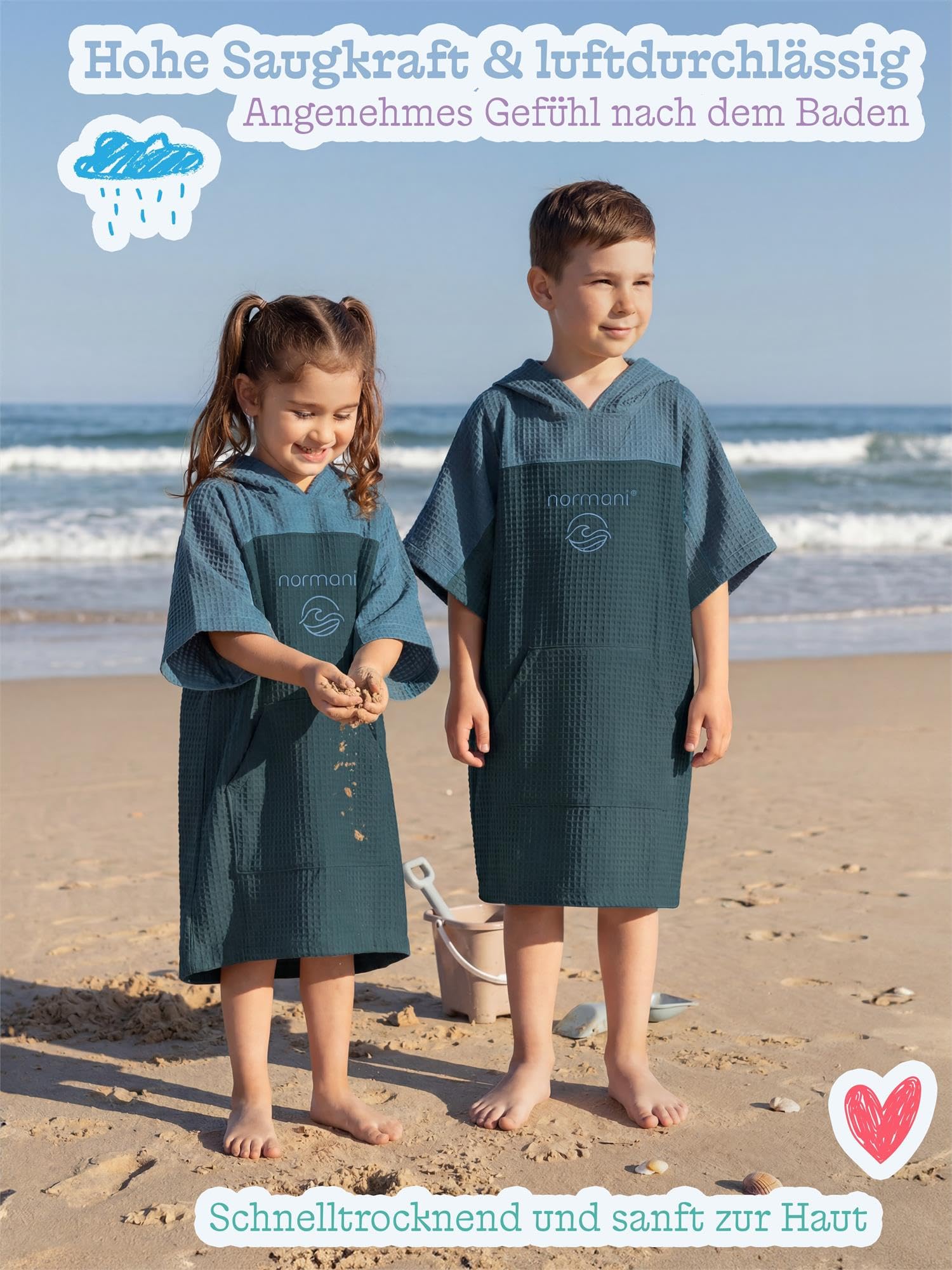 normani Kinder Badeponcho aus Waffelpique 100% Bambusviskose - Handtuch-Poncho mit Kapuze leicht und kompakt - Surfer Poncho in Europa hergestellt