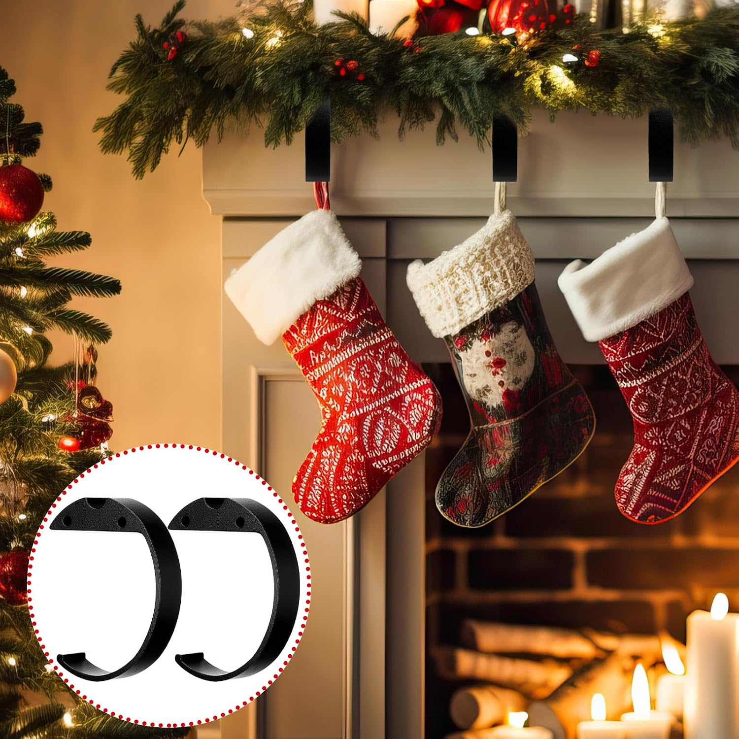 Amyhill Christmas Stocking Holders for Mantle Set 4, Stocking Hooks Fun Semicircle Folding Hanging Non-Slip Hanger for Fireplace and Mantle Home Xmas Party Decoration(Black)