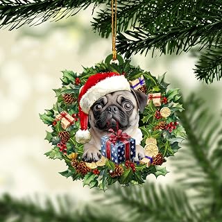 Talataca Pug Wearing A Christmas Hat Wreath Gift 2D Flat Car Rear View Mirror Accessories Christmas Tree Ornament Decoration Hanging Charm Interior Rearview Pendant Decor Gift