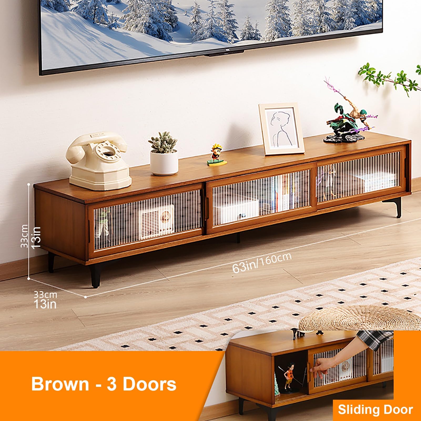WOLWES Lowboard Bambus TV Bank, Schiebetren, TV Schrank TV Tisch Fernseher Schrank  TV Sideboard fr Fernseher Bis 70 Zoll (Color : Brown, Size : 160cm-3  Doors) : Amazon.de: Kche, Haushalt & Wohnen