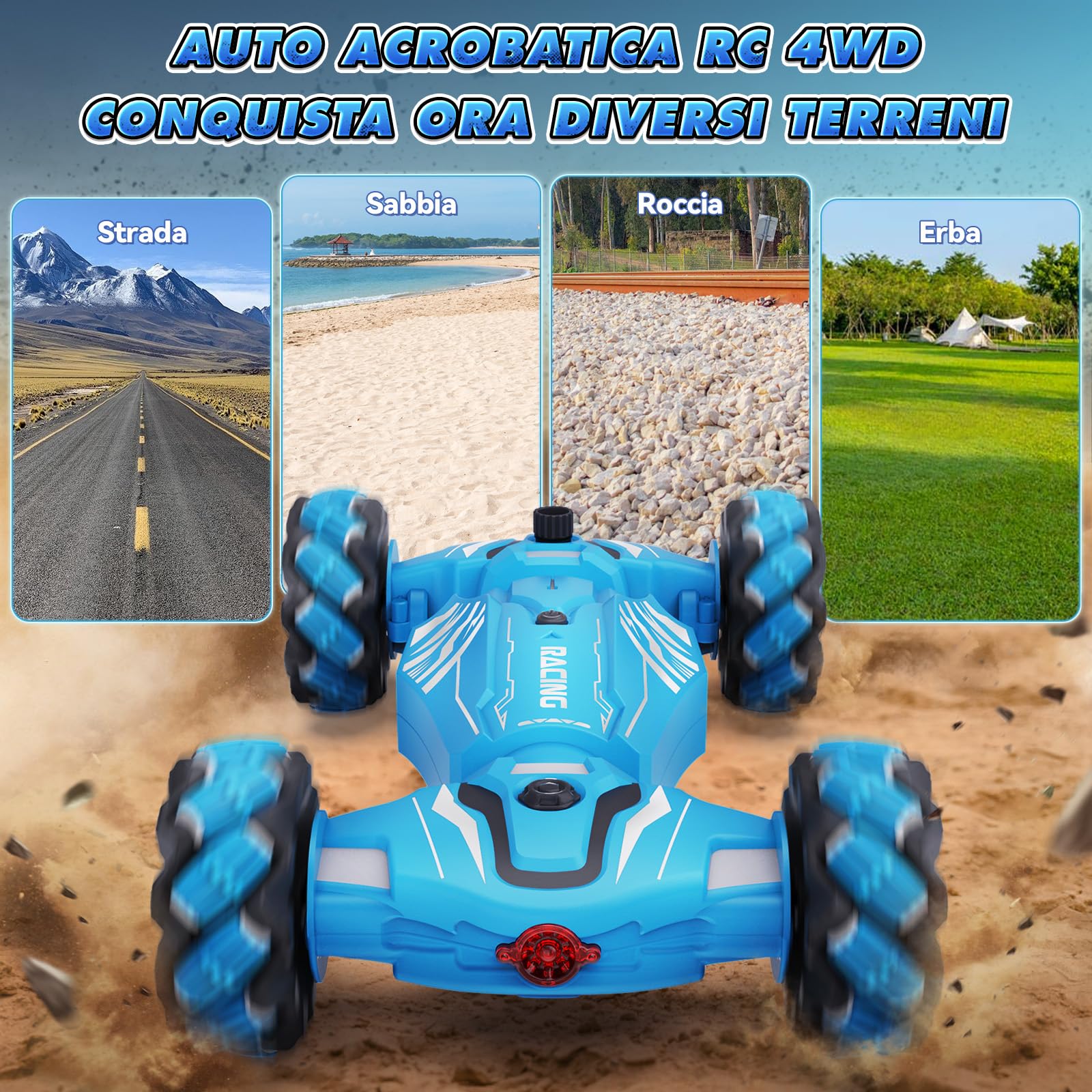 Dysaim Macchina Telecomandata per Bambini,4WD Auto Telecomandata Controllo Gestuale, 2.4Ghz Rotazione a 360° RC Stunt Car con Luci,Musica,Spray, Giocattoli Natale Regalo per Bambini da 6 8 12 Anni,Blu