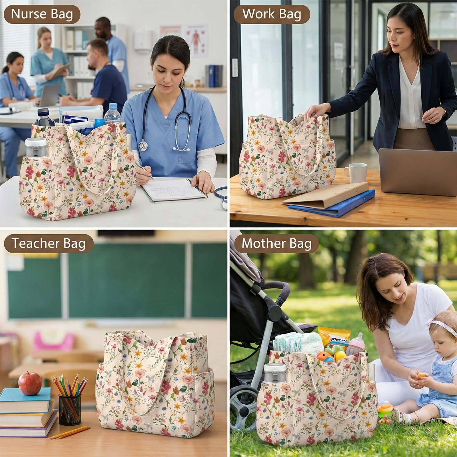 Große Cord Tote Bag Tasche für Damen – Niedliche ästhetische Schultertasche, Wiederverwendbare Canvas Tasche mit Reißverschluss Mehreren Taschen für Arbeit Schule Gym Reisen