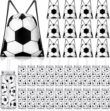Shinylin 40 Pcs Soccer Softball Drawstring Bag and Reusable Tumbler Set Sport Goodie Bags 14.2 oz Plastic Drinking Water Bottles with Lids and Straws for School Team Gift Party SuppliesSoccer