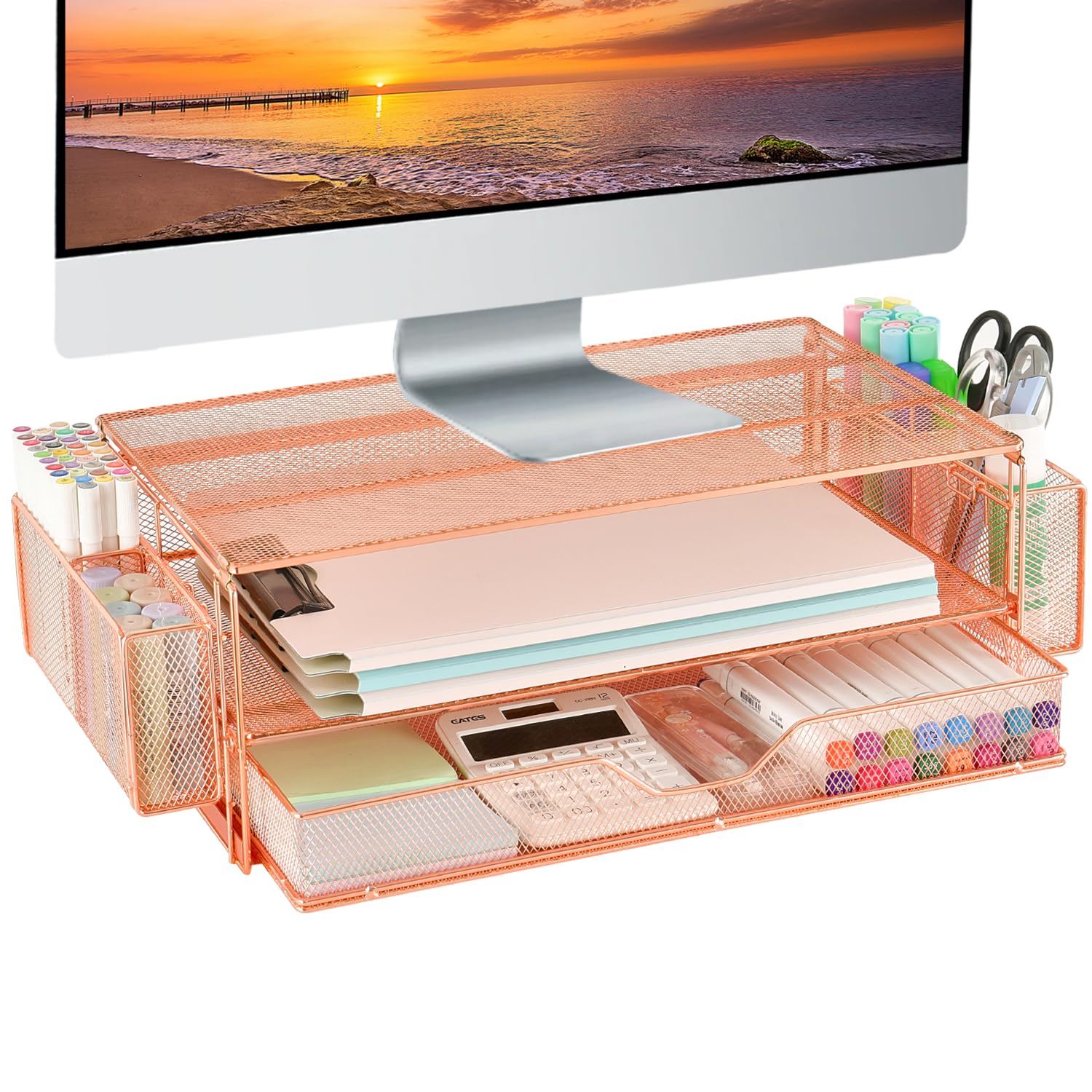 AUPSEN Computer Monitor Stands Riser，2-Tier Desk Organizers and Accessories, Office Desk Accessories Organizer with Drawers and 2 Pen Holder for