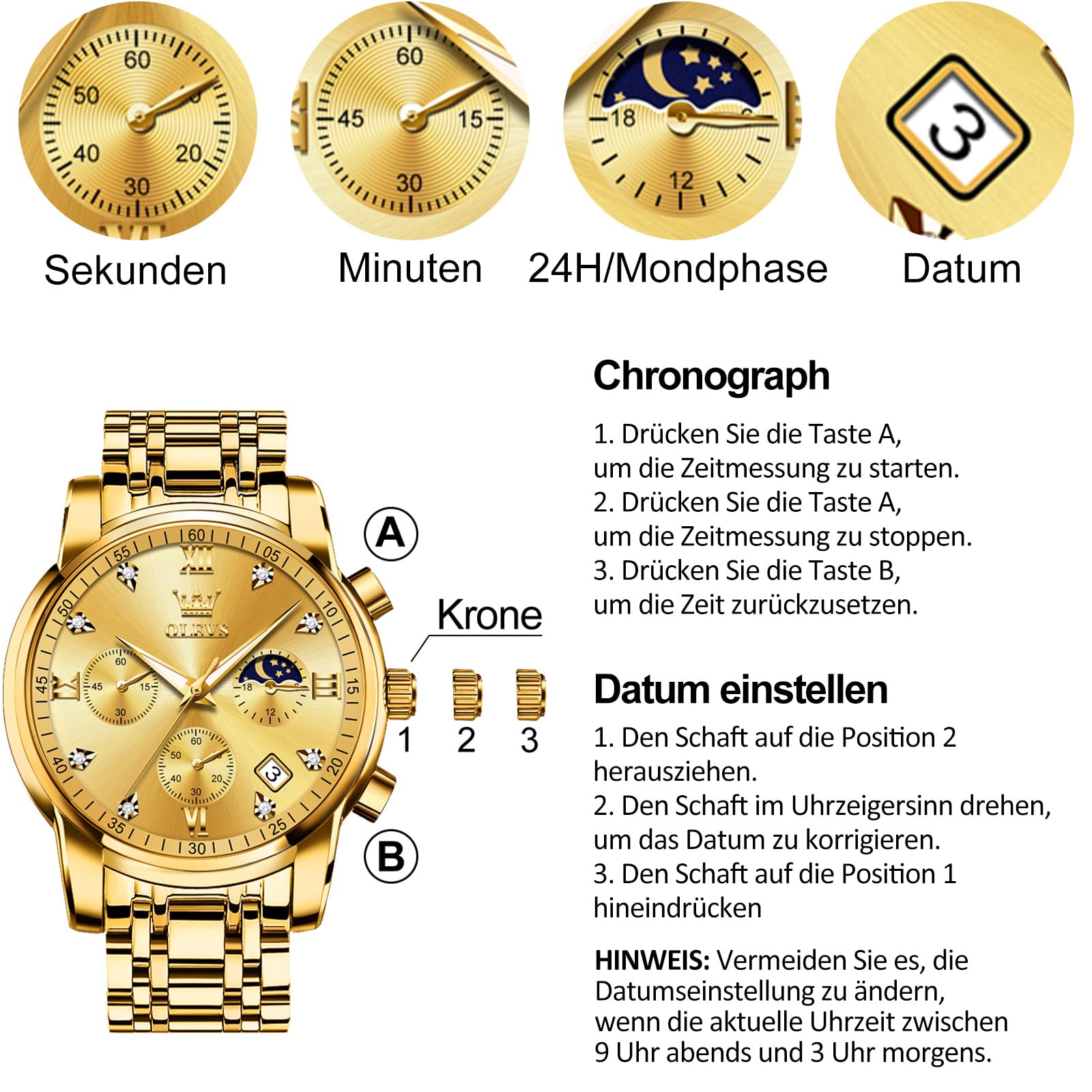 OLEVS Orologio Uomo, Cronografo Analogico al Quarzo Orologio Acciaio Inox Impermeabile, Elegante Orologi uomo Classico Lusso con Data