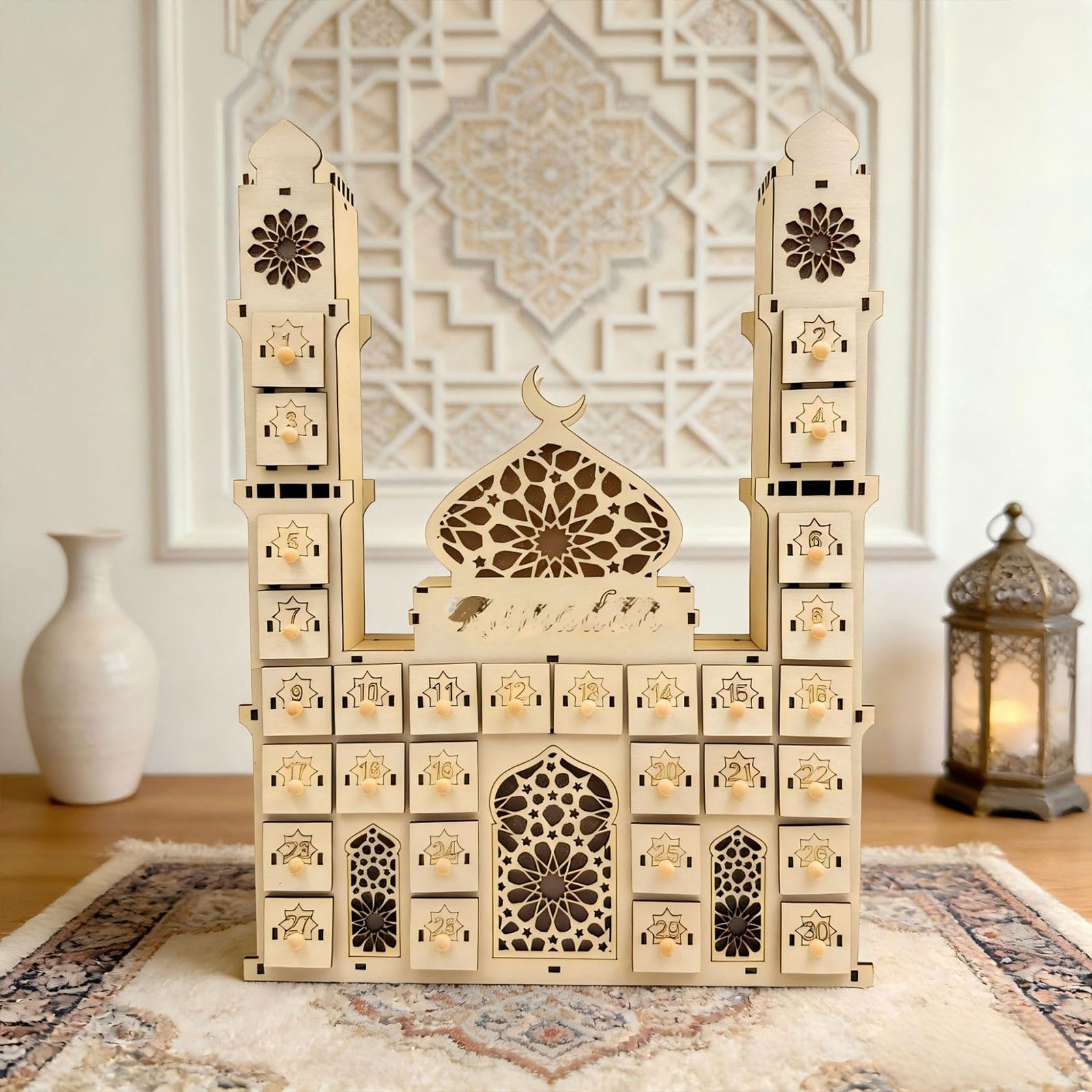 ordinarYone Calendario per conto alla rovescia dei castelli del Ramadan, con luce a LED e 30 cassetti, in legno, decorazioni per l'avvento per feste islamiche