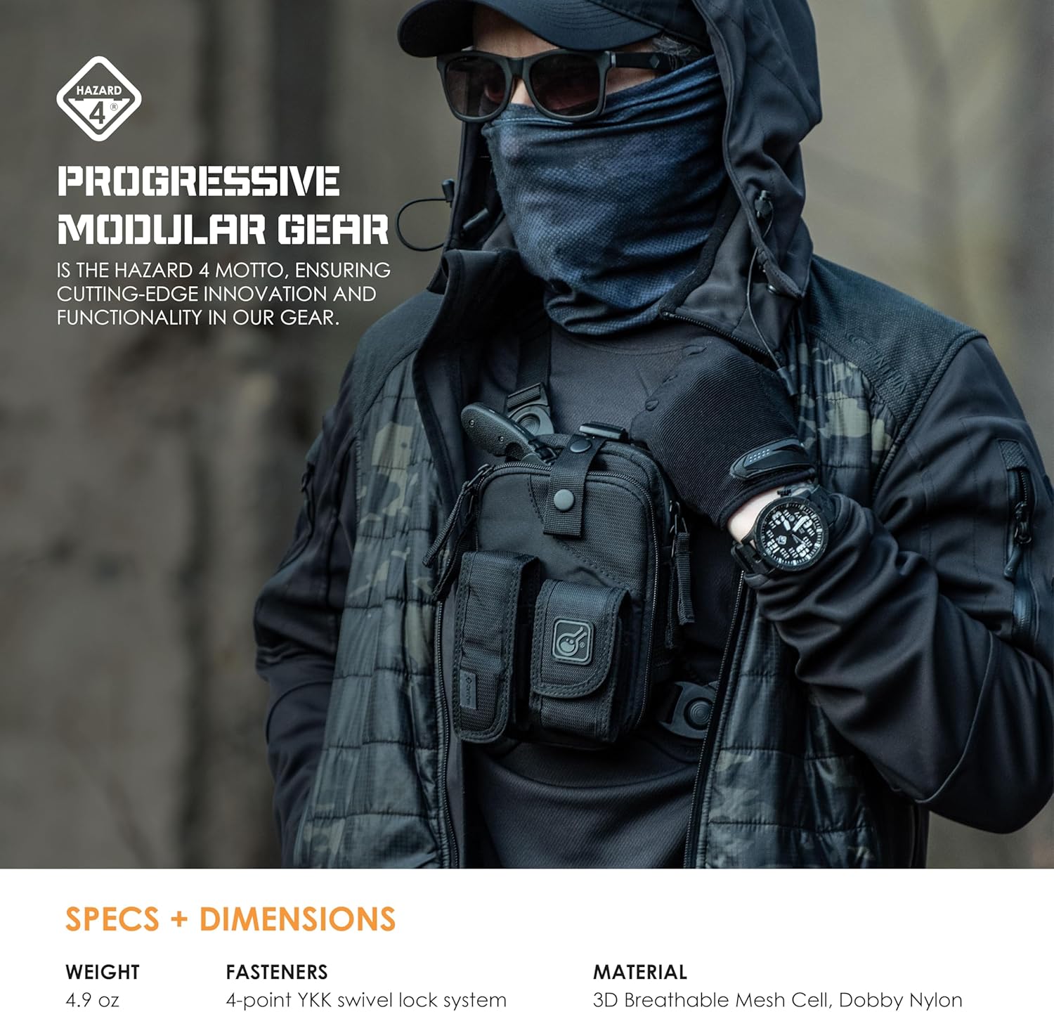 Hazard 4 Covert RG Multi-Configuration Small Pack System - Escape Chest Pack, Loader Chest Pack, Covert Anatomic RG Padded Deluxe Shoulder Harness - Tool Kit, Camera, Cycling, Flashlight - Black