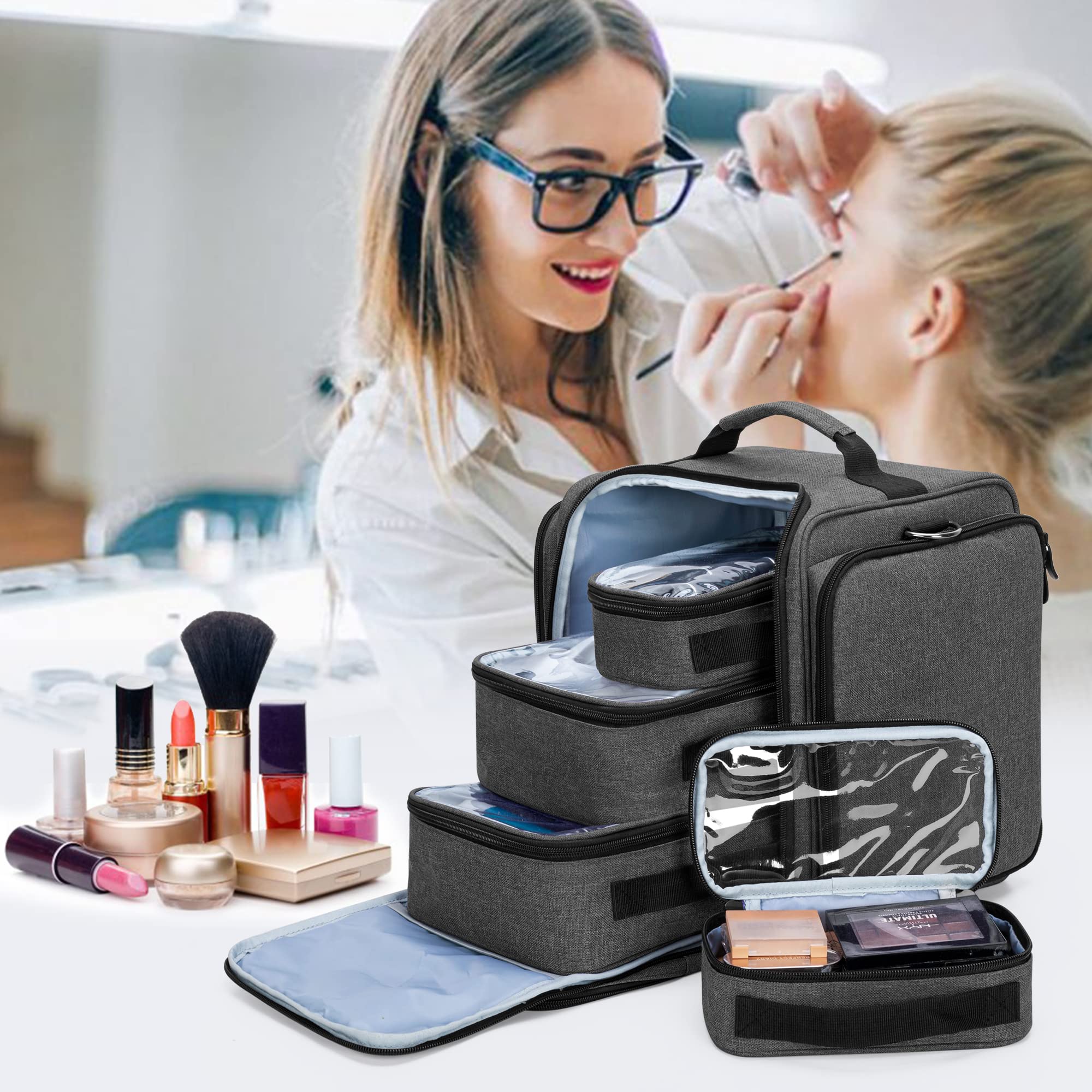 BAFASO Borsa per Trucco con 4 Tasche Interne Rimovibili, Borsa per il Trucco da Viaggio, Borsa per Cosmetici, Nero