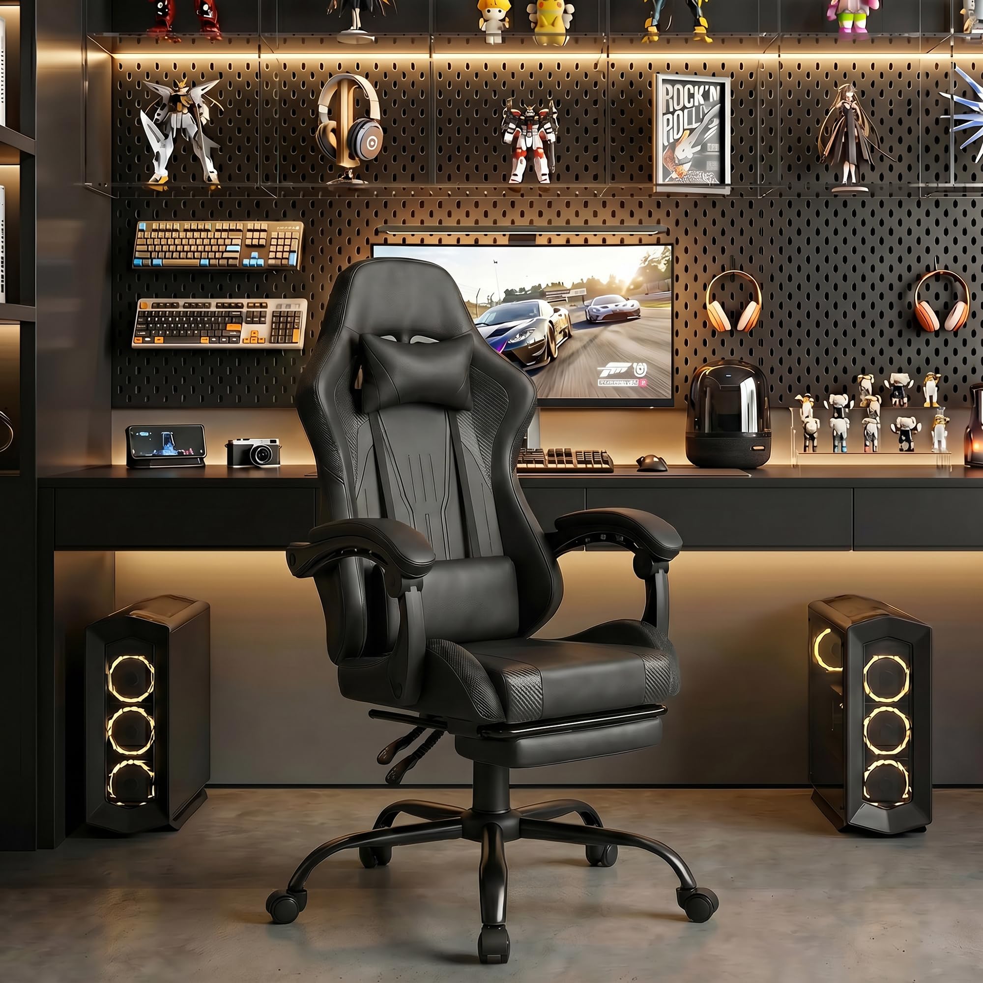 Devoko Chaise Gaming Ergonomique avec LED RGB, Massage Lombaire & Repose-Pieds – Fauteuil Gamer avec Appui-tête réglable – Dossier inclinable & Hauteur Ajustable – 180 kg,Noir