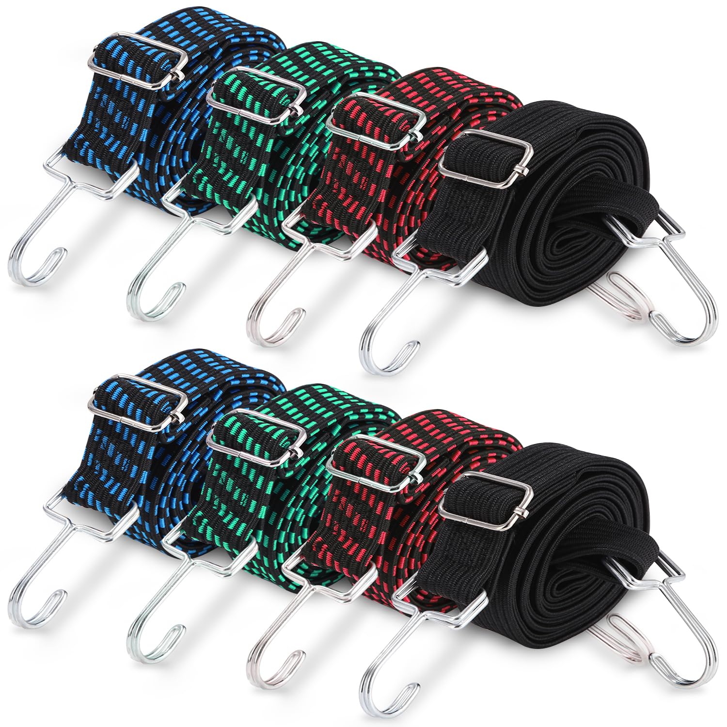 Elastico con Gancio 8 Pezzi, 2M Cinghie Elastiche portapacchi, 2,5 volte l'elasticità, Corde Elastiche Regolabile per bicicletta e moto, per il fissaggio del carico, larghezza 30mm
