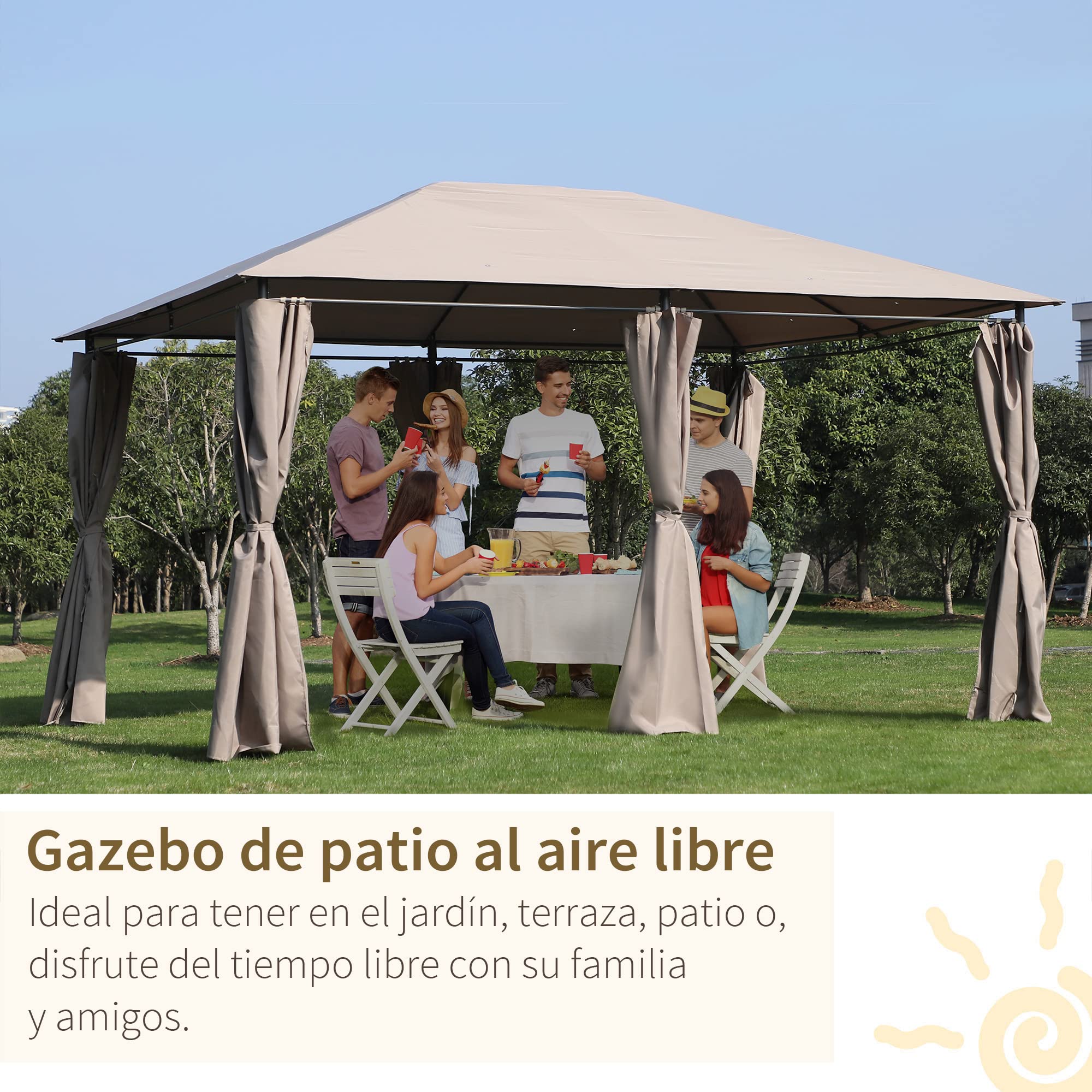 Outsunny Cenador de Jardín 4x3 m Pabellón de Exterior con 6 Paredes Laterales 8 Orificios de Drenaje y Marco de Acero Gazebo para Fiestas Patio Terraza Caqui
