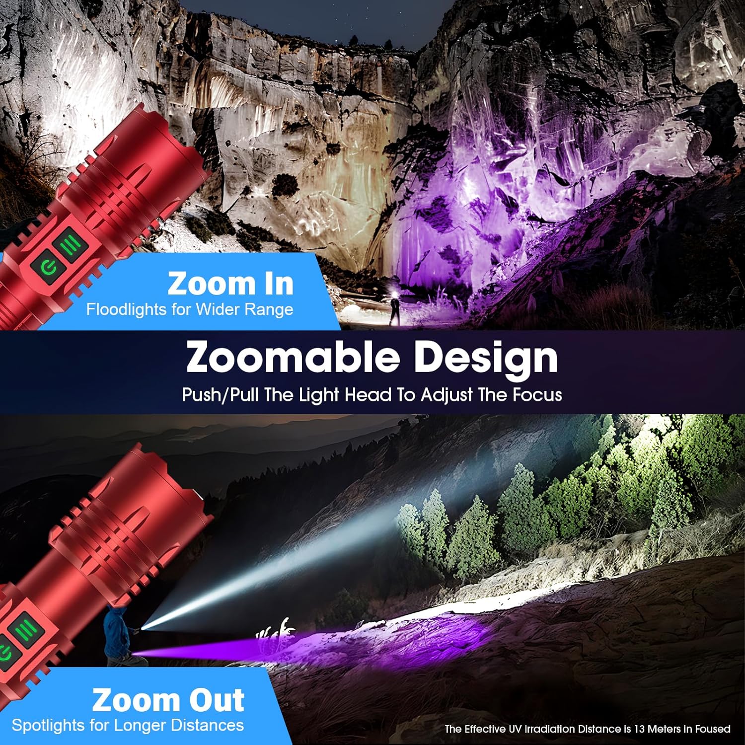 Powerful Blacklight Flashlights for Pet Urine Detection, UV Blacklight&High Lumens Flashlight Rechargeable, Zoomable Waterproof Tactical LED UV Flashlight for Resin Curing, Scorpion, Camping, Red