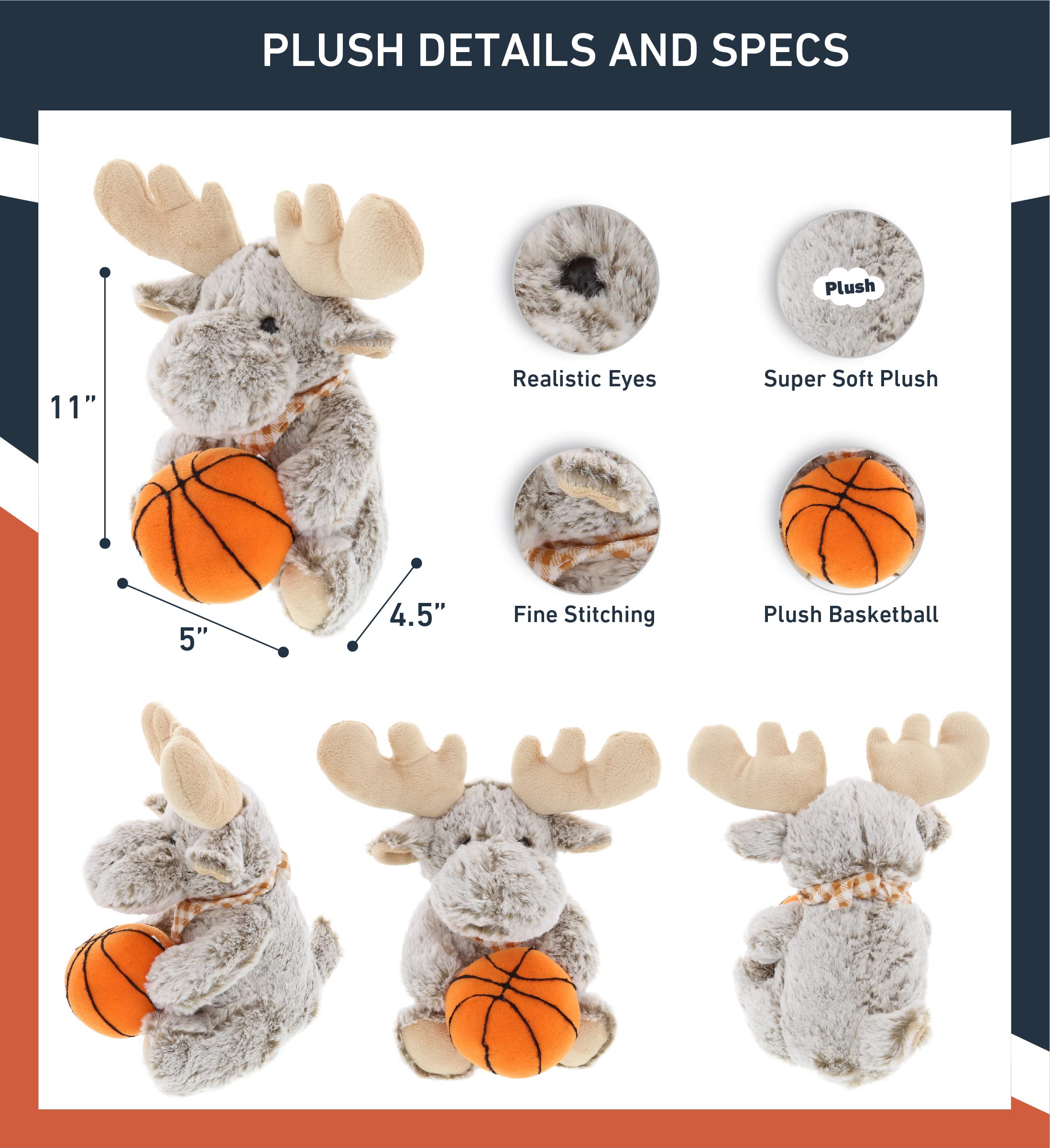 Dollibu Sitting Moose Stuffed Animal With Basketball Plush Soft