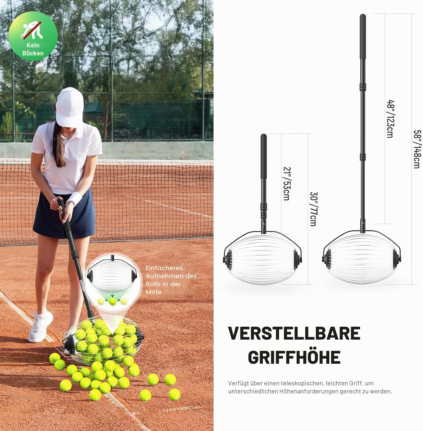 NEEWER Tennisball Sammler, teleskopierbarer Tennisbälle Rollsammler