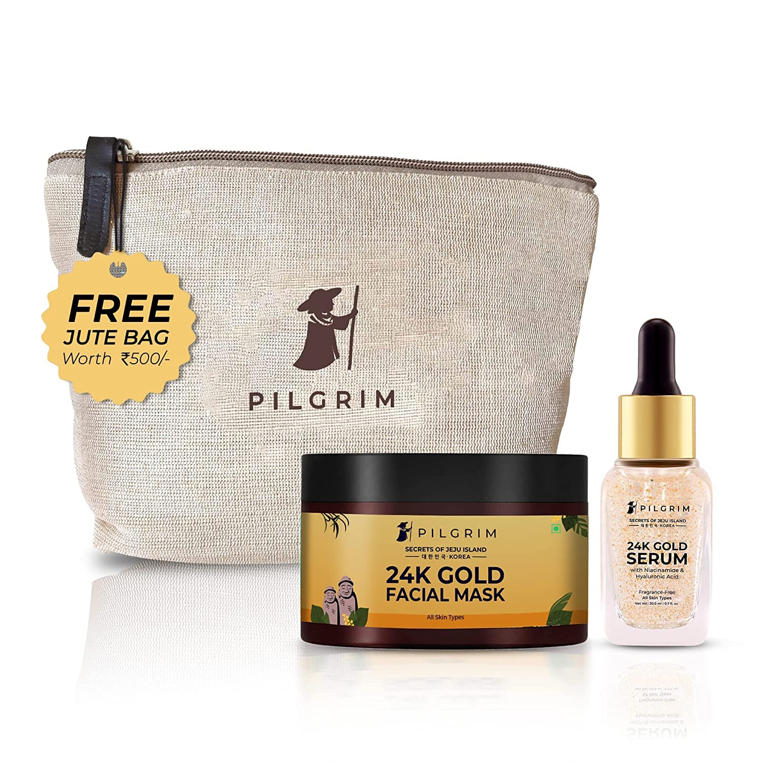 24K Gold Facial Kit | Dewy Glass Skin Finish | Radiant Look Face Mask Pack 50gm | Serum 20ml | Korean Skin Care | For Women & Men | FREE JUTE BAG