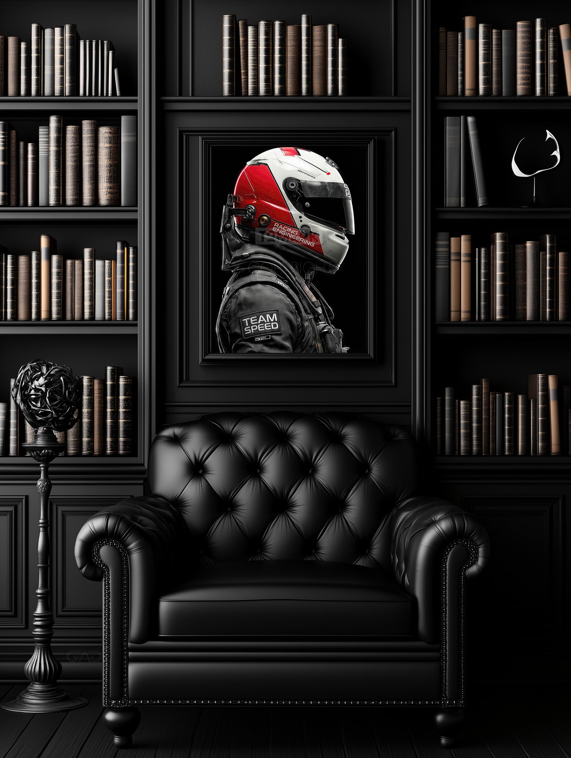 Tomaok® - Póster con impresión de cartel (marco no incluido), diseño de piloto de carreras de estilo futurista intenso, casco de carreras y espíritu circuito, decoración de fotos automotriz