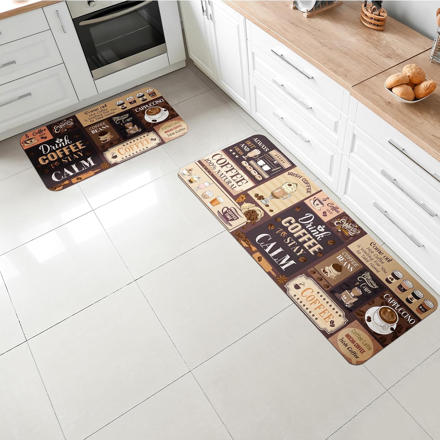 3 Pcs Coffee Kitchen Rugs and Mats Set Non Slip Brown Floor Mat image 4