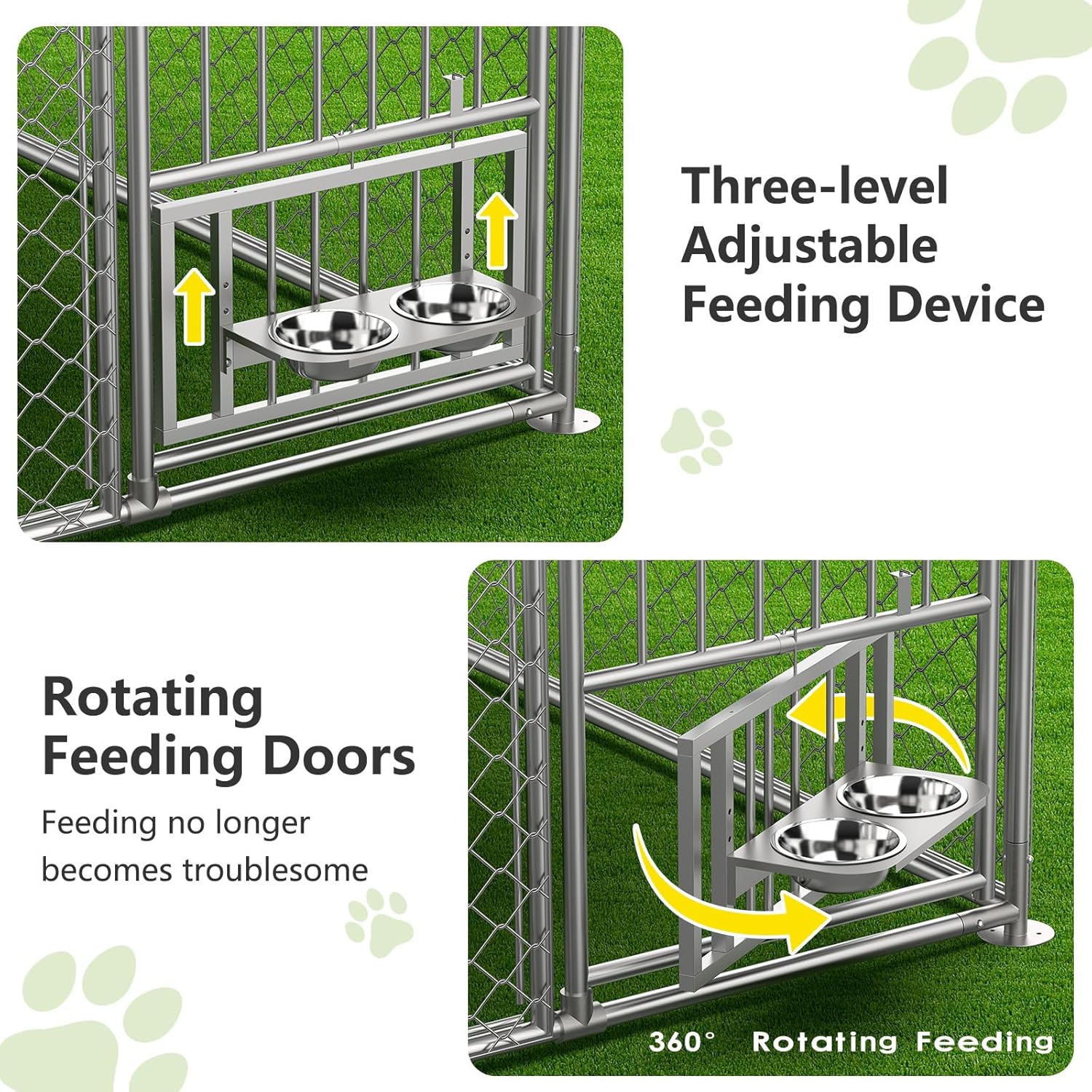 Detaillierte view of the three-level adjustable and 360-degree rotating feeding device with two stainless steel bowls.