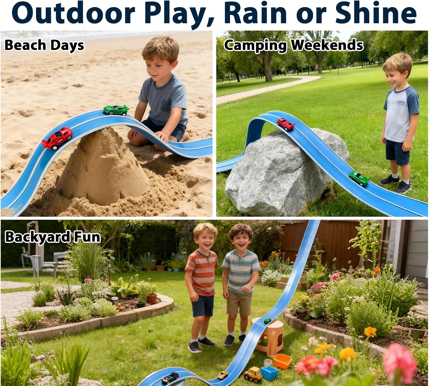 15 Ft Flexible Race Car Track (Daytona Blue) for Kids,Flex Track Starter Set Compatible with Hot Wheels and Diecast 1/64th Cars,Portable Racetrack Roll Up Race Track with 4 Racecars and Suction Cups