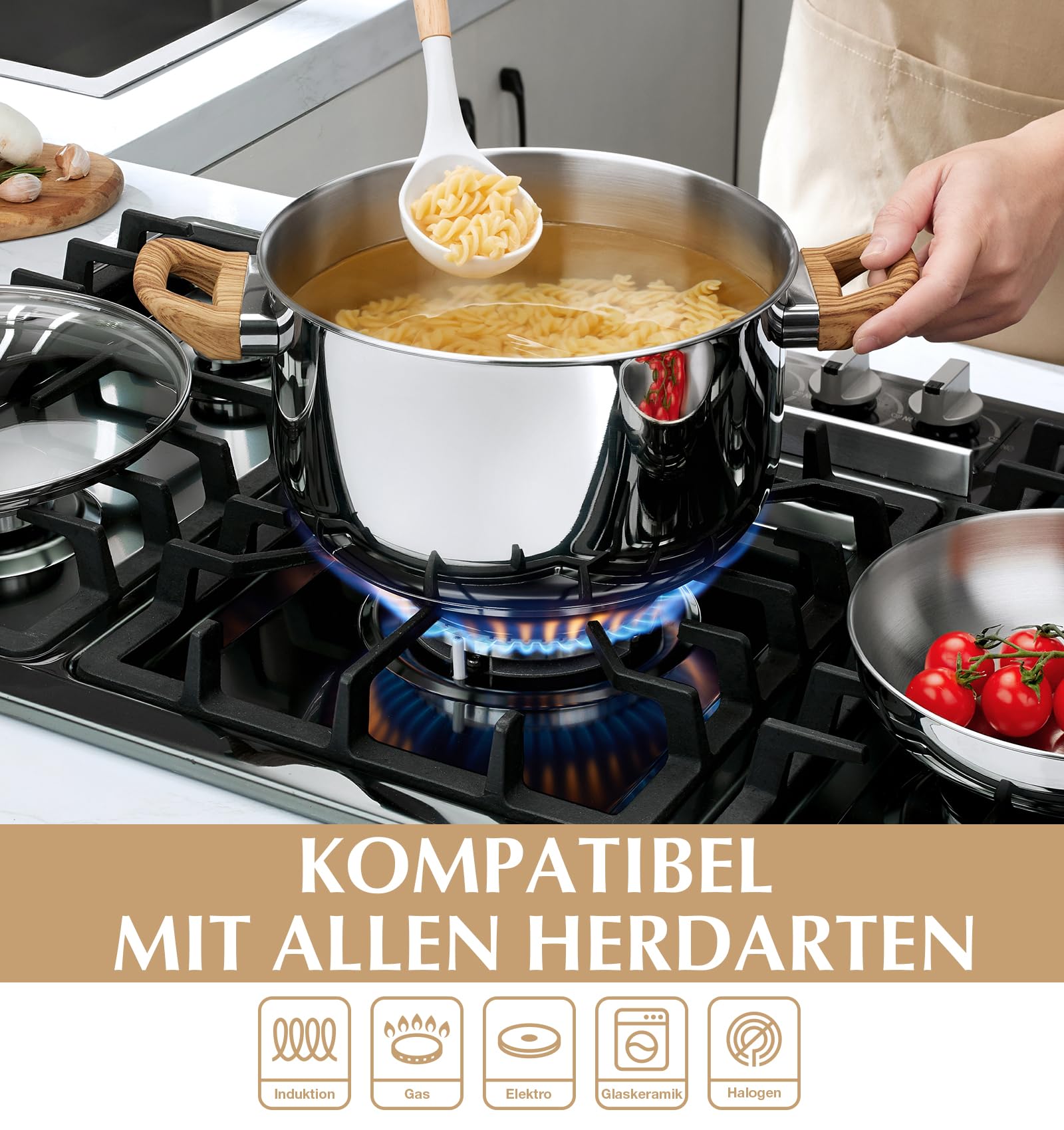 KOCH SYSTEME CS Edelstahl-Suppentopf mit Deckel, 8 Liter, Kochtopf für Suppe, Pasta, Soßen und Eintöpfe, Tri-Ply-Kapselboden, induktionsgeeignet, spülmaschinenfest