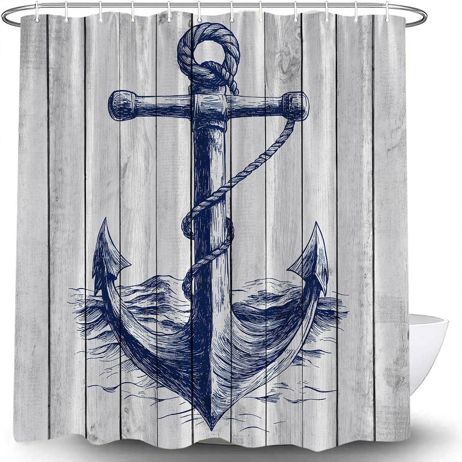 Nautical Anchor Shower Curtain Navy Blue Anchor Sea Wave Ocean Beach Vintage Sea Rustic Coastal Marine Retro Grunge Wooden Barn Door Adventure Bath Curtains with Hook,70x83.8 Inch