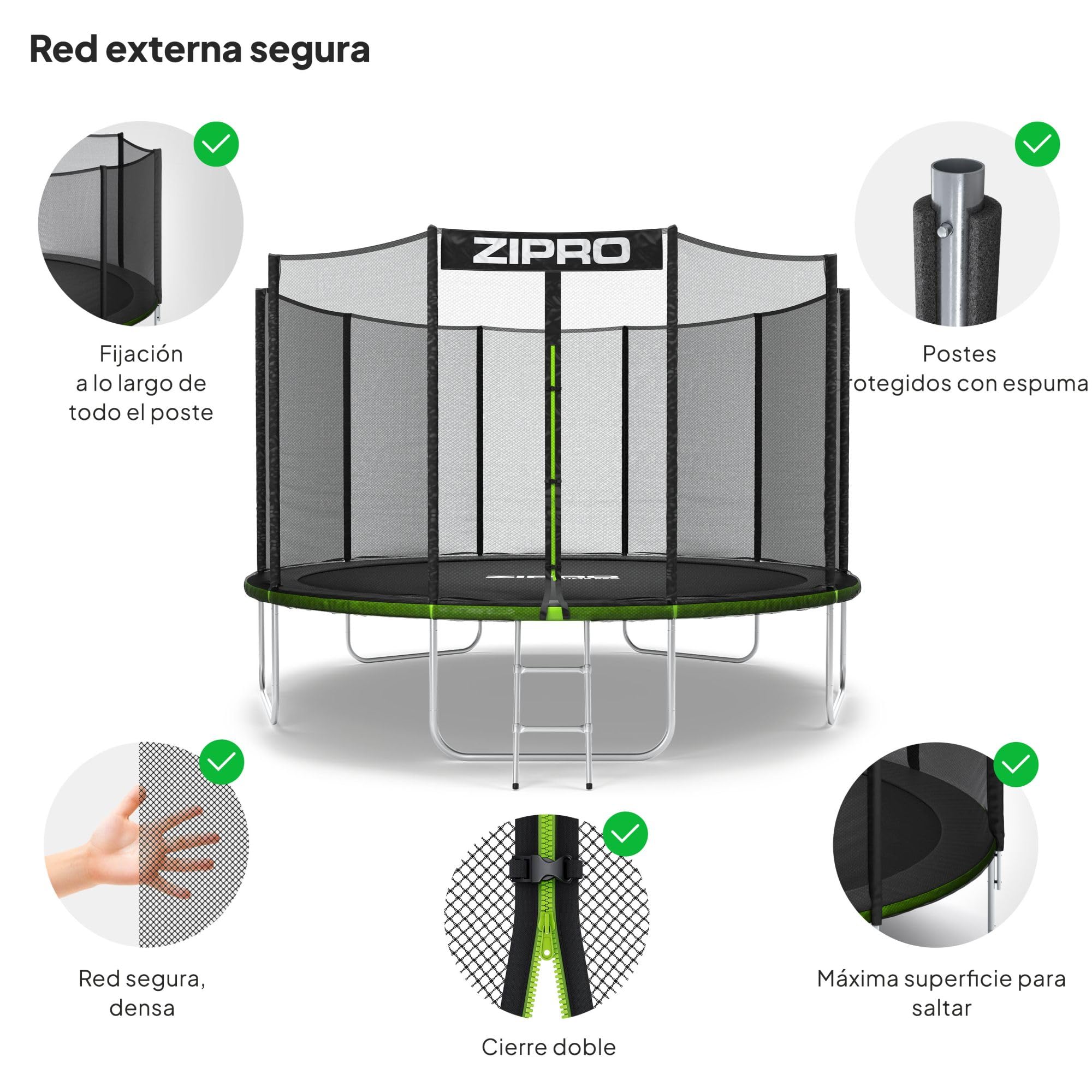 ZIPRO JumpPro out Trampolín Exterior, Cama Elástica para Niños, con Red Externa, Resistente, Protección UV, Montaje Fácil, Soporta 100-150 kg, Ø 183/252/312/374/435/496 cm