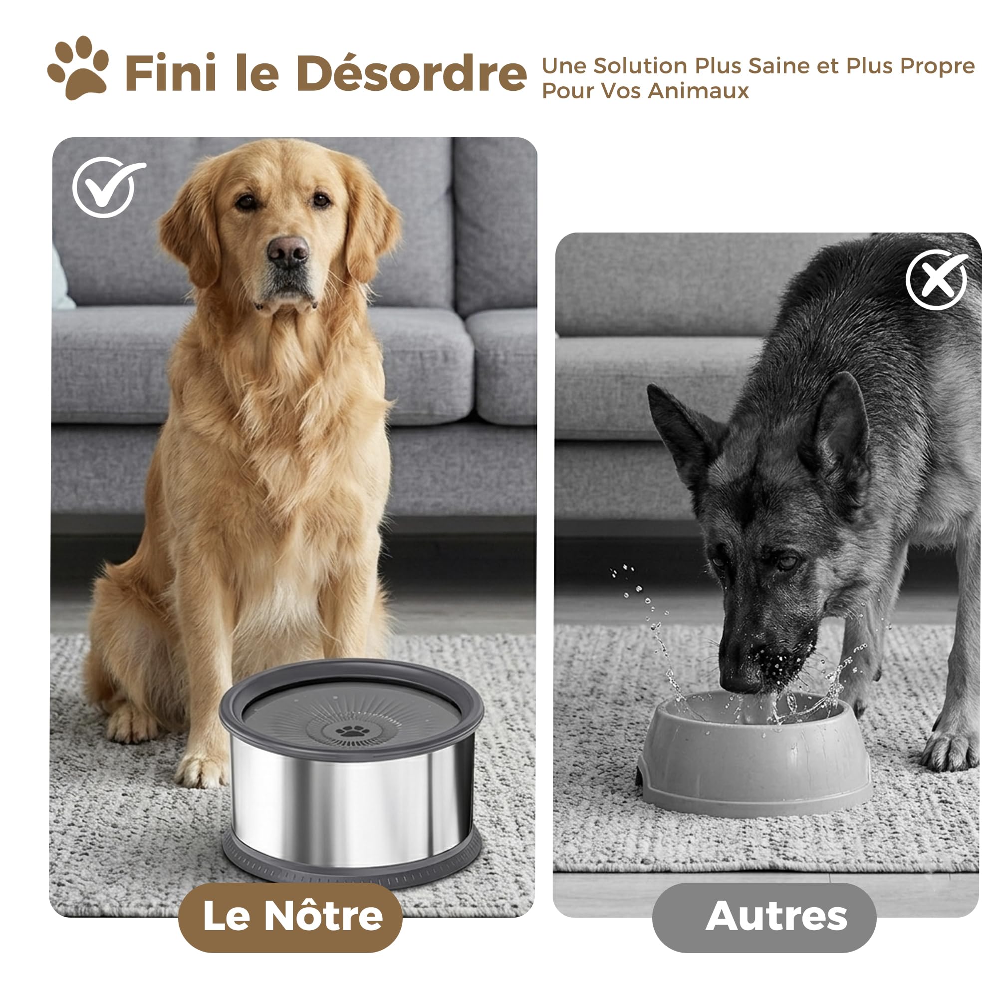 Gamelle d'eau pour Chien 6.5L sans Déversement, Gamelle Anti Éclaboussure en Acier Inoxydable, Bol Boire Lent Anti Goutte avec Base Antidérapante, pour Intérieur Extérieur Voiture Camping (Gris)