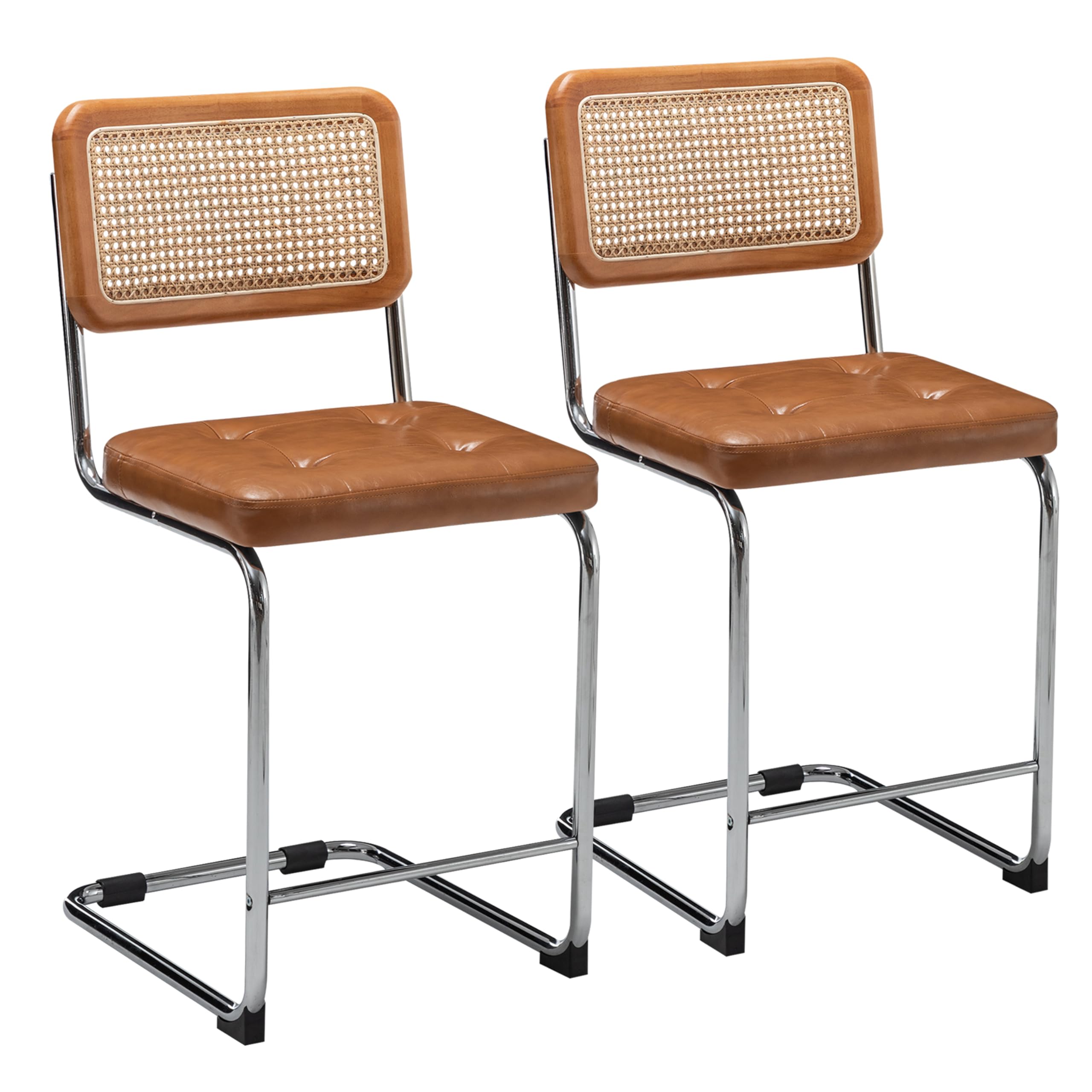 Apeaka 24" Mid Century Bar Stools Set of 2 Brown Faux Leather Upholstered Rattan Counter Height Chairs with Back Modern Barstools for Kitchen Island
