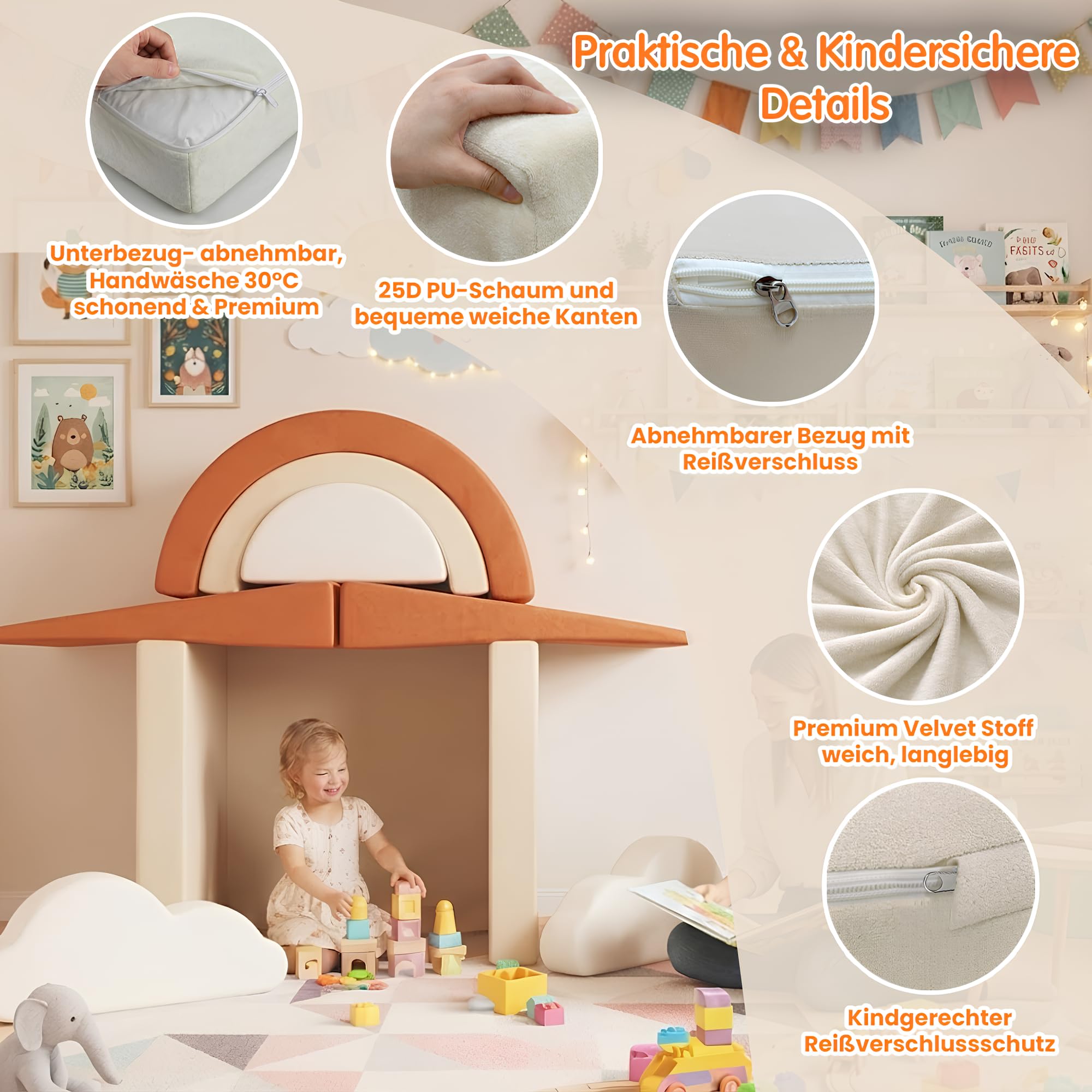 Kinder Spielsofa – 11-TLG. Modulares Kindersofa 140x65x63 cm, Samtbezug wasserabweisend, 25D PU-Schaum, Spielcouch fürs Kinderzimmer, CE EN71 & OEKO-TEX, Kinder Sofa Inkl. Sticker Geschenk