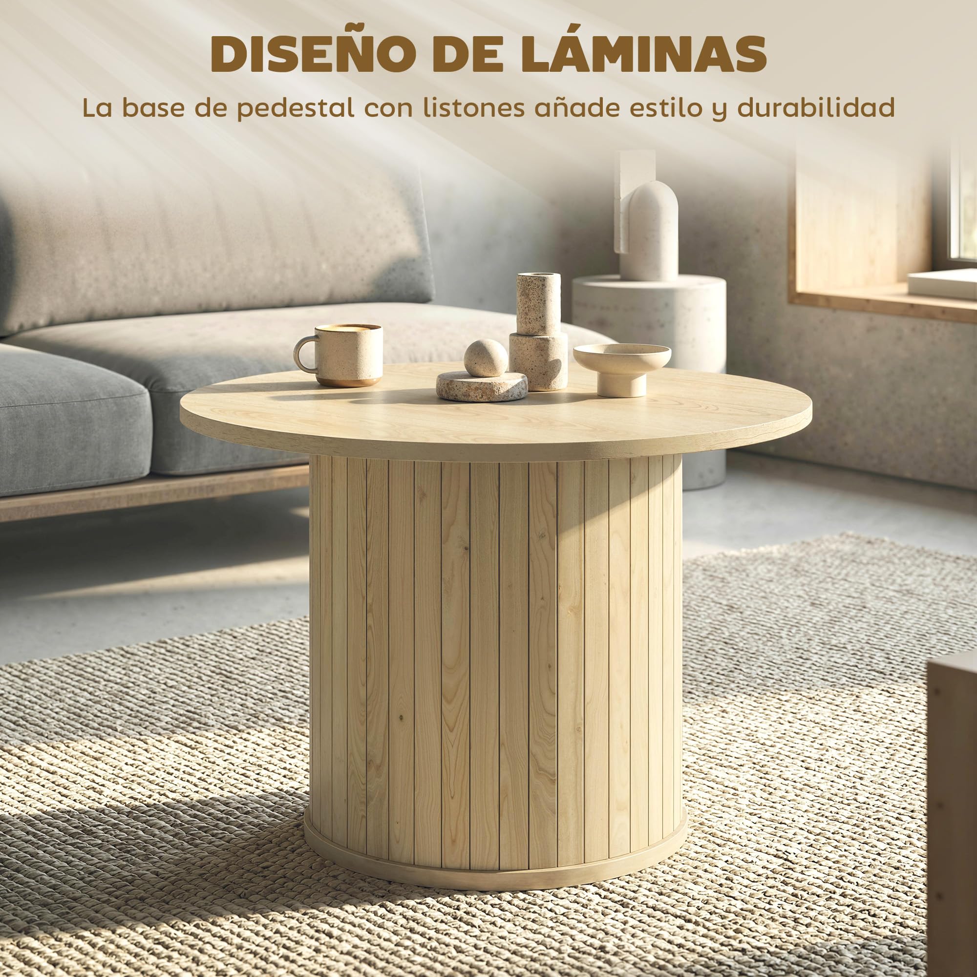 HOMCOM Mesa de Centro, Mesa Baja para Salón Redonda con Base de Columna con Listones, para Sala de Estar, Dormitorio, Ø60x40 cm, Natural
