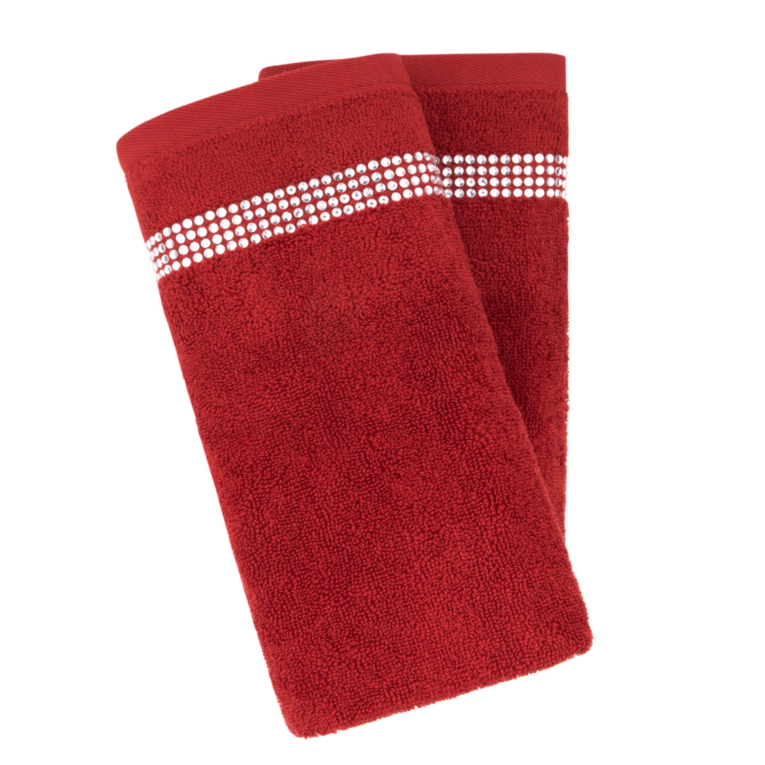 Sparkles Home Stripe Fingertip Towel (Set of 2), 100% Turkish Cotton, Glass Rhinestones, 13", Machine Washable, Red