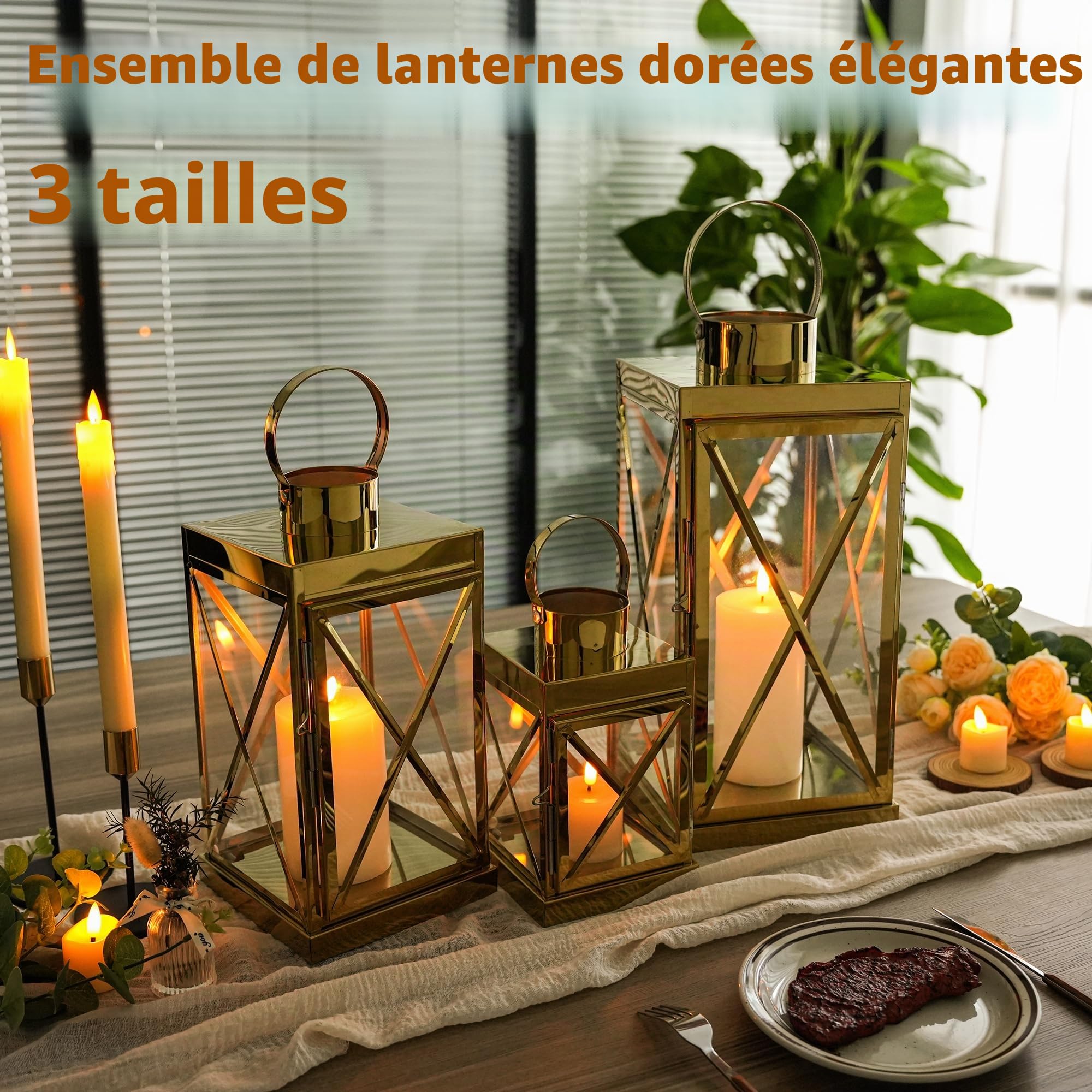TRIROCKS Ensemble de 3 Lanternes en Acier Inoxydable - Élégance Carrée 40, 31 et 21 cm Porte-Bougies Métalliques avec Poignée et Verre Clair pour Décor Extérieur Célébration (Or)