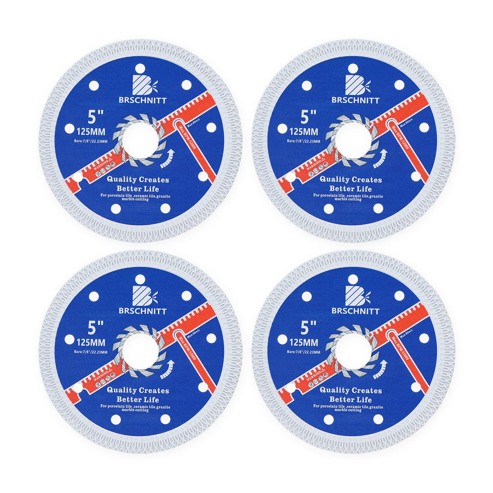 Super Thin Diamond Porcelain Saw Blade with X Teeth,BRSCHNITT 4pcs 125mm x Arbor 22.23mm Angle Grinder Diamond Cutting Disc for Dry/Wet Cutting Porcelain Tile Ceramic Marble Granite