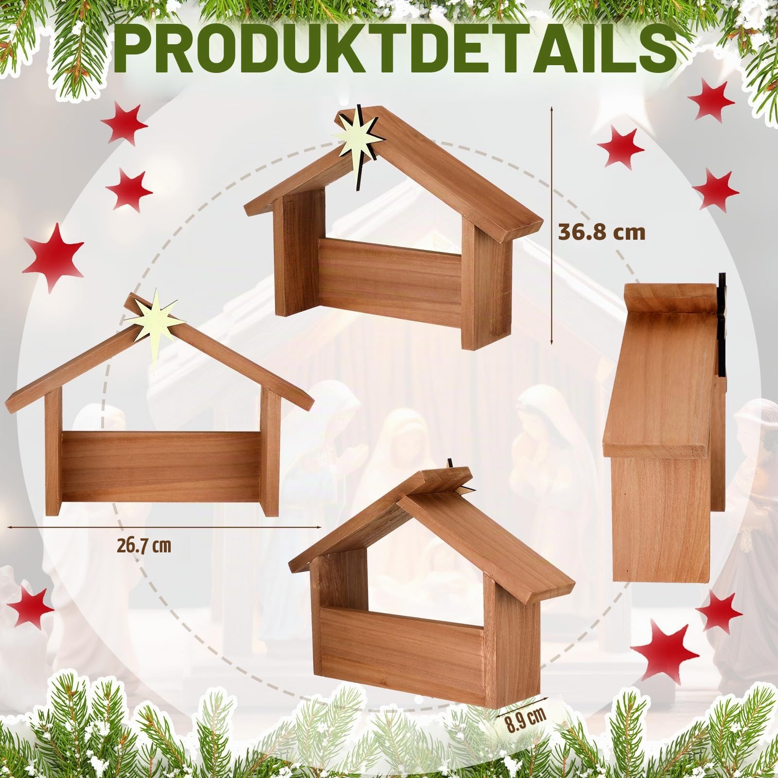 Wesiti Weihnachtskrippe aus Holz, Weihnachtskrippe mit Dachstern, 36,7 x 26,7 cm, für Innenmaßstab, 17,8 cm, Heilige Familie, Holz, stabile Krippe, Heimschreibtischdekoration (ohne Figuren)