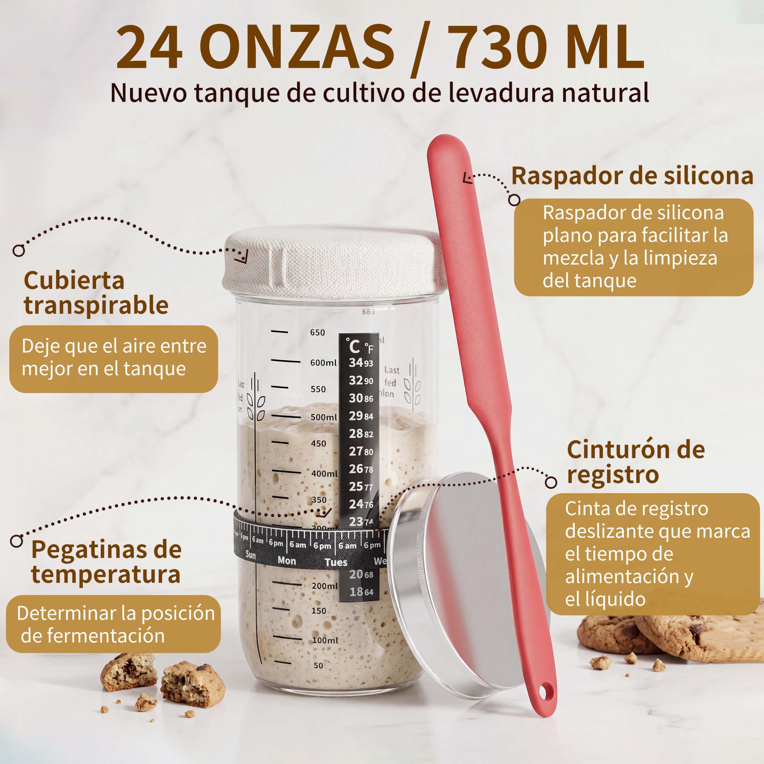 Kit Completo de Inicio de Masa Madre 11 Piezas, Cesta Oval de Ratán Artesanal, Tarro y Accesorios para Hacer Pan