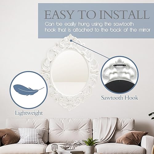 Miniatura 4 de ANDALUS Espejo vintage ovalado blanco pequeño con práctico gancho de diente de sierra en la parte posterior, paquete de 2, espejo de pared ligero