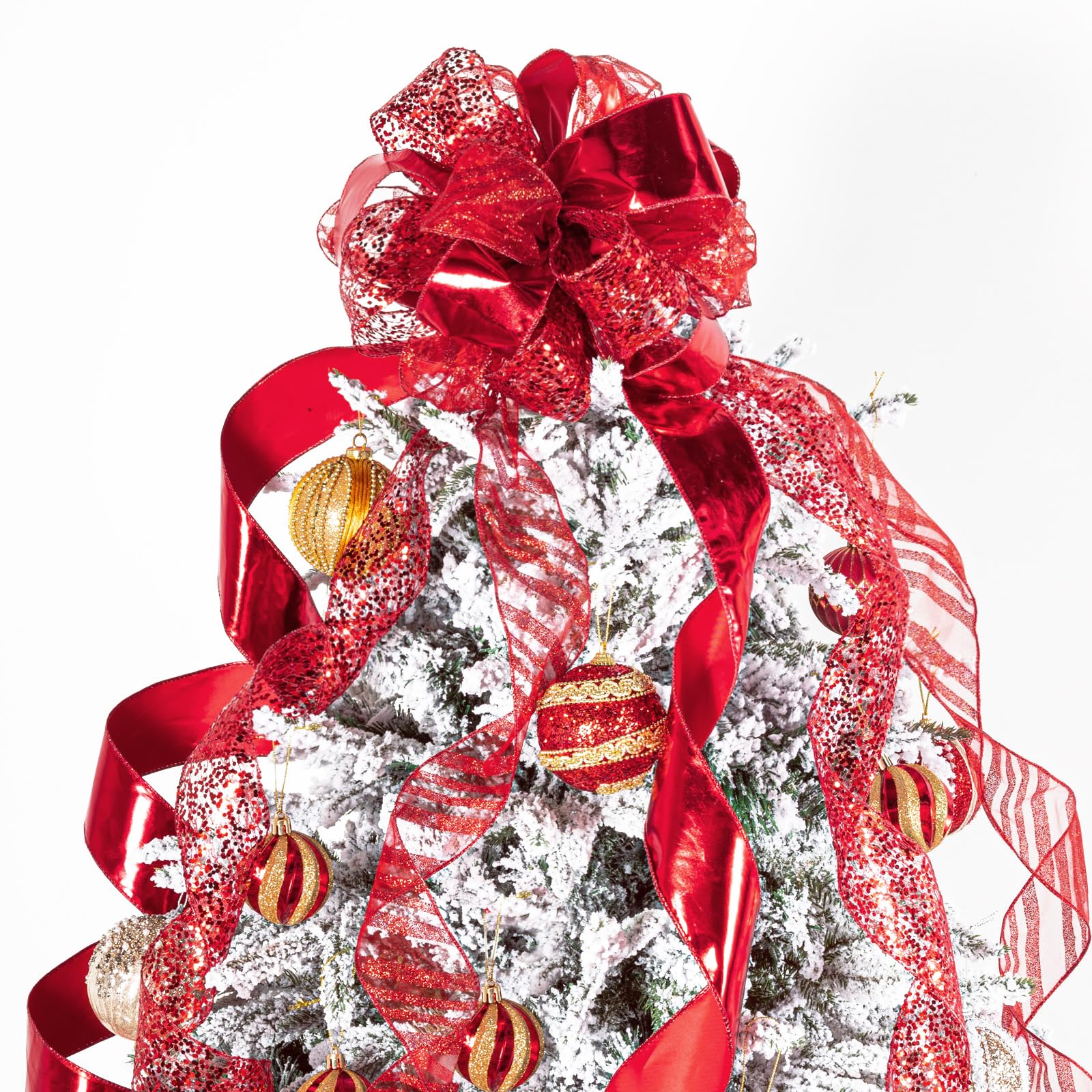 LEEQE Red Glitter Christmas Tree Topper Bow 11 Inch with 6 Ribbon Tails 3 Yards Long Wired Ribbon for Holiday Easy Style Party Decoration