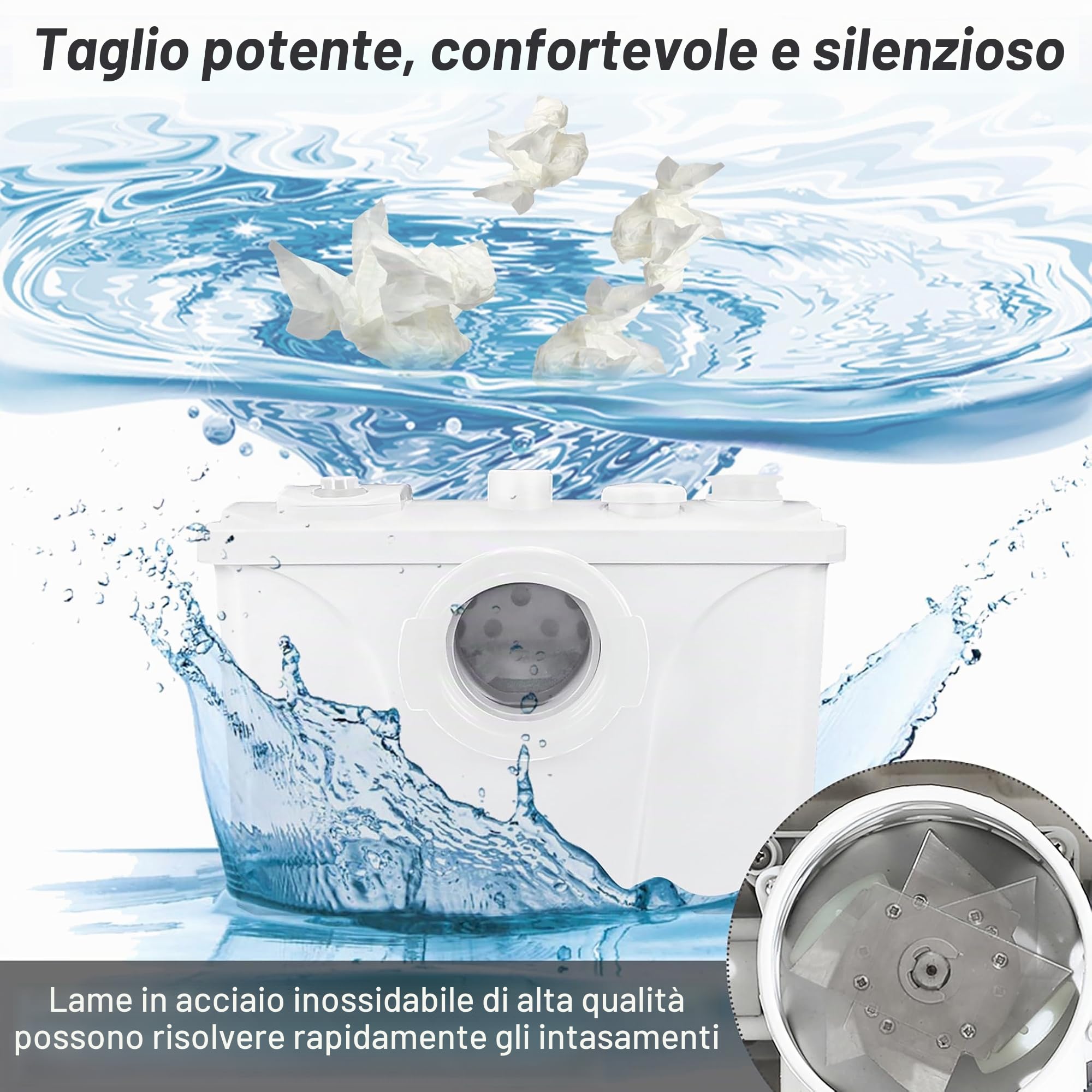 FIVMEN Impianto di sollevamento, 700 W, pompa sanitaria, 180 l/min, impianto di sollevamento piccolo, pompa per feci con filtro ai carboni attivi, lame in acciaio inox e 3 ingressi per WC, lavandino e