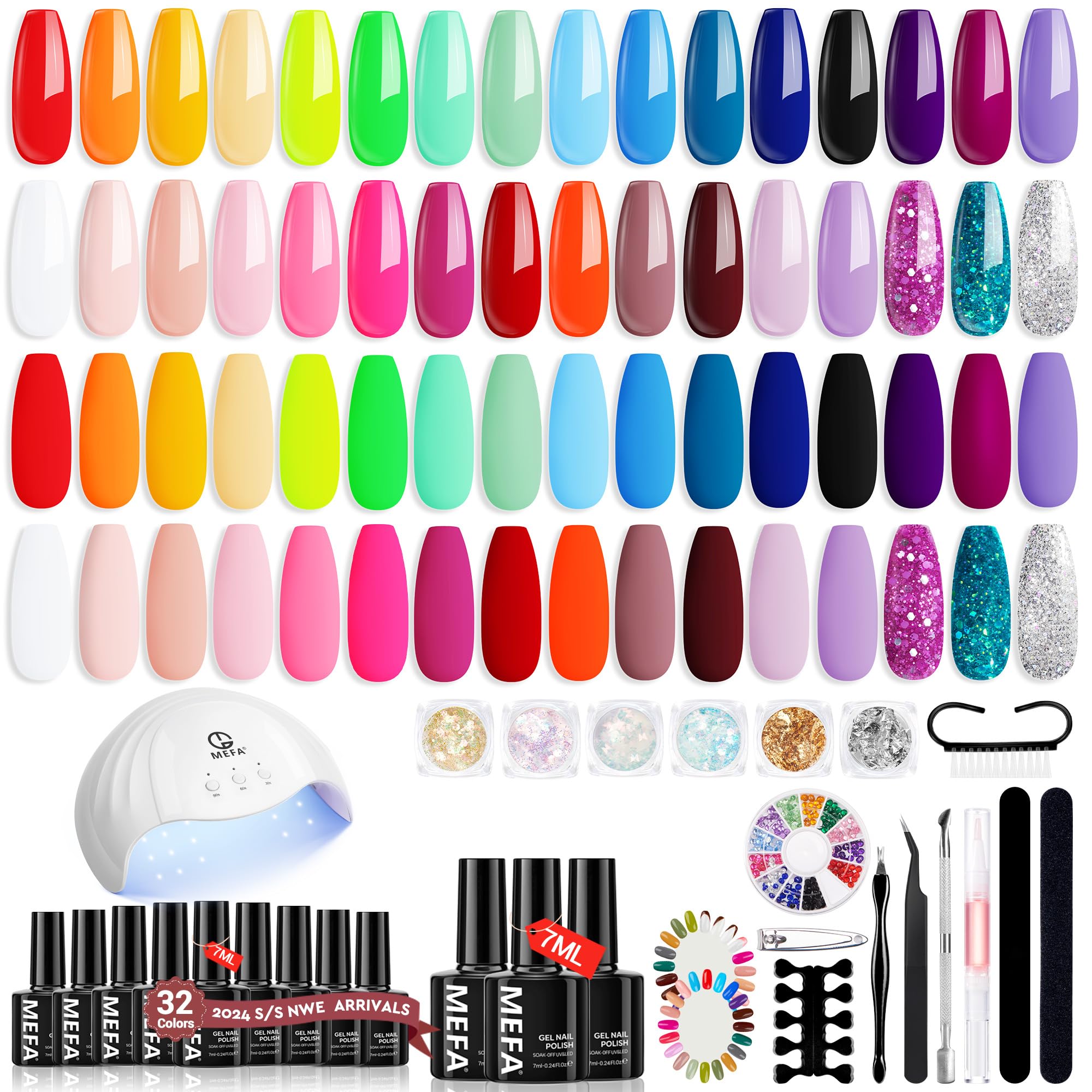 MEFA 54 Pcs Gel Nail Polish Kit with U V Light, 32 Colors Bright Neon Spring Summer Pink Gel Polish Nail Set Essential Manicure Tools Nails Gifts